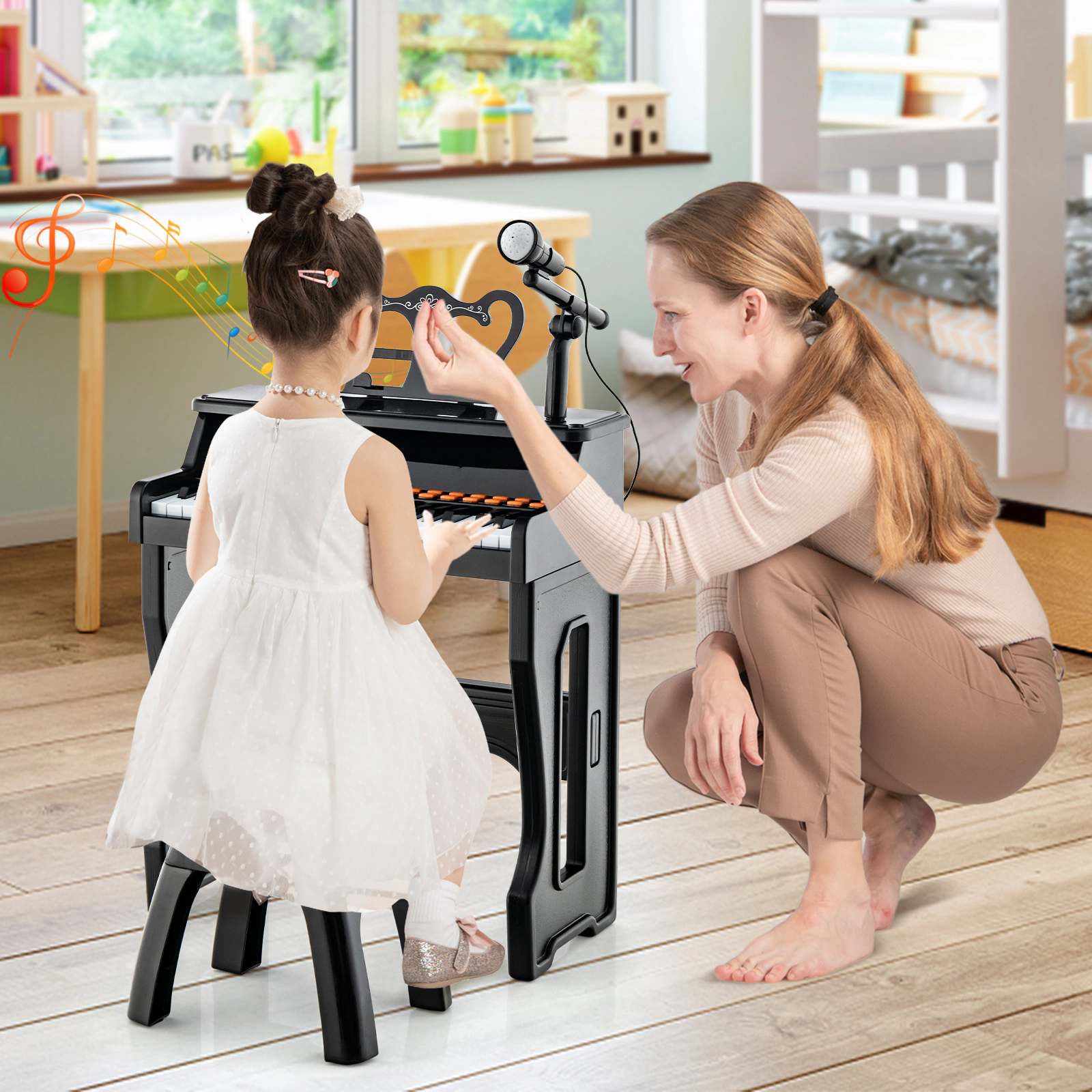 SUGIFT Black 37-Key 110-lb Stool Capacity Kids Piano Keyboard with Microphone and Detachable Music Stand