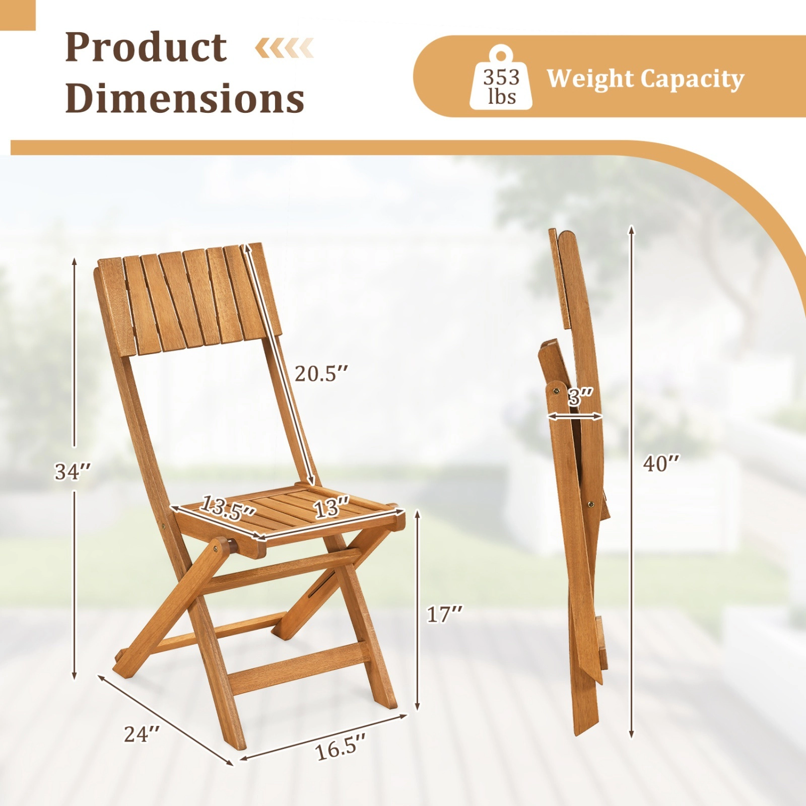 SUGIFT Folding Wood Dining Chairs, Slatted Back and Seat, 350 lb Capacity, Set of 2