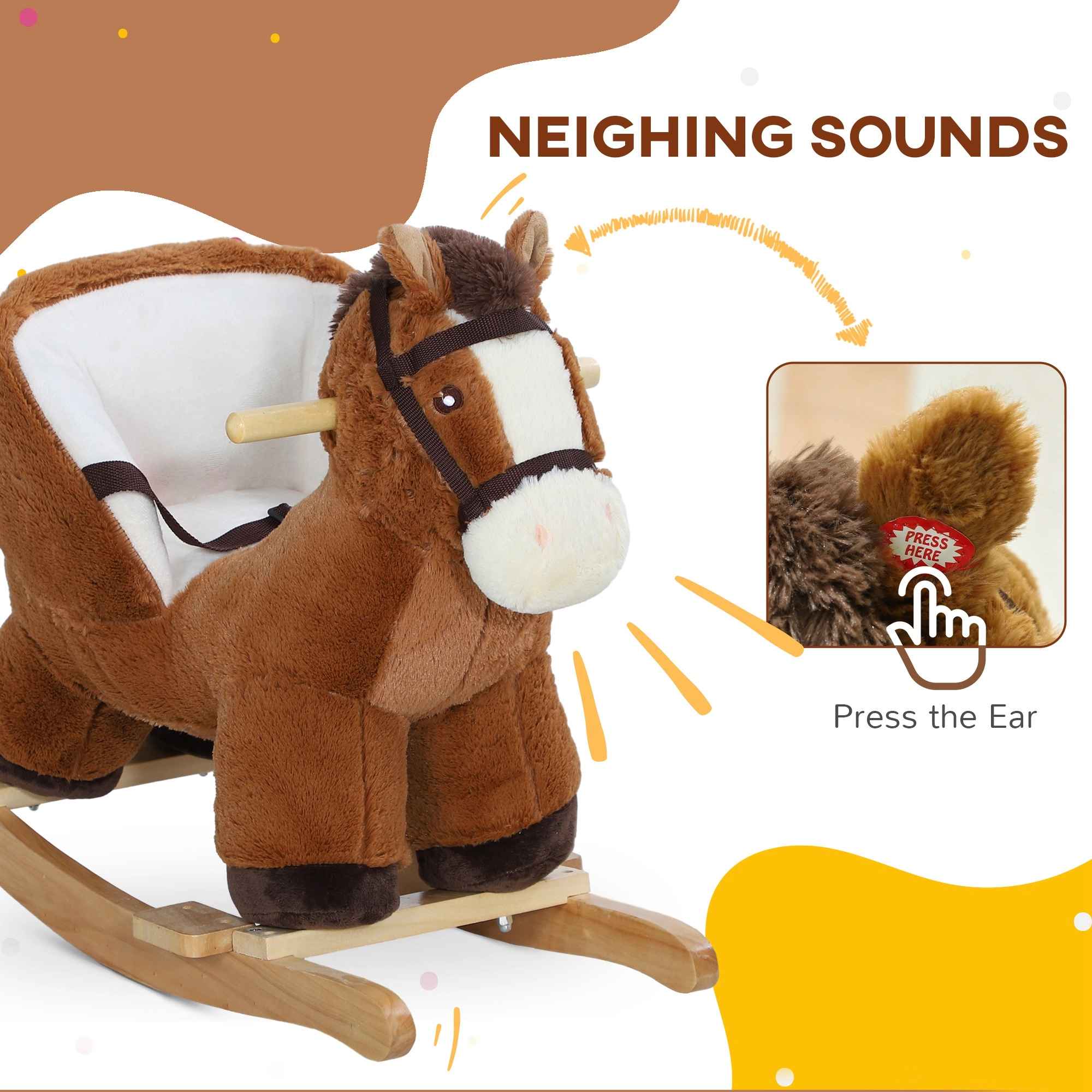 HONGGE Wooden Rocking Horse with Safety Belt and 3-Sided Seat, Sound Effects, Supports 55 lbs for Toddlers 18-36 Months