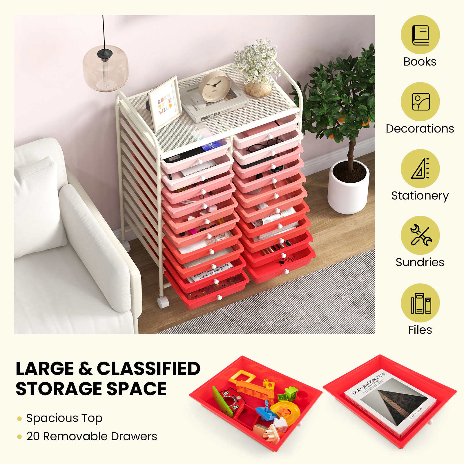 SUGIFT 20-Drawer Rolling Storage Cart Studio Organizer with Lockable Wheels