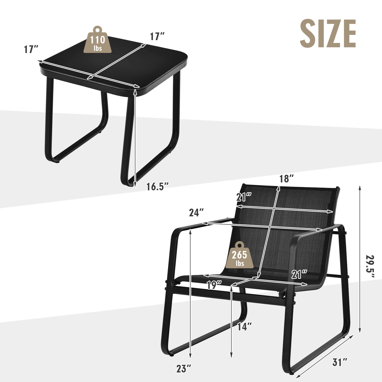 LJG 3 Pieces Patio Bistro Furniture Set with Glass Top Table Garden Deck