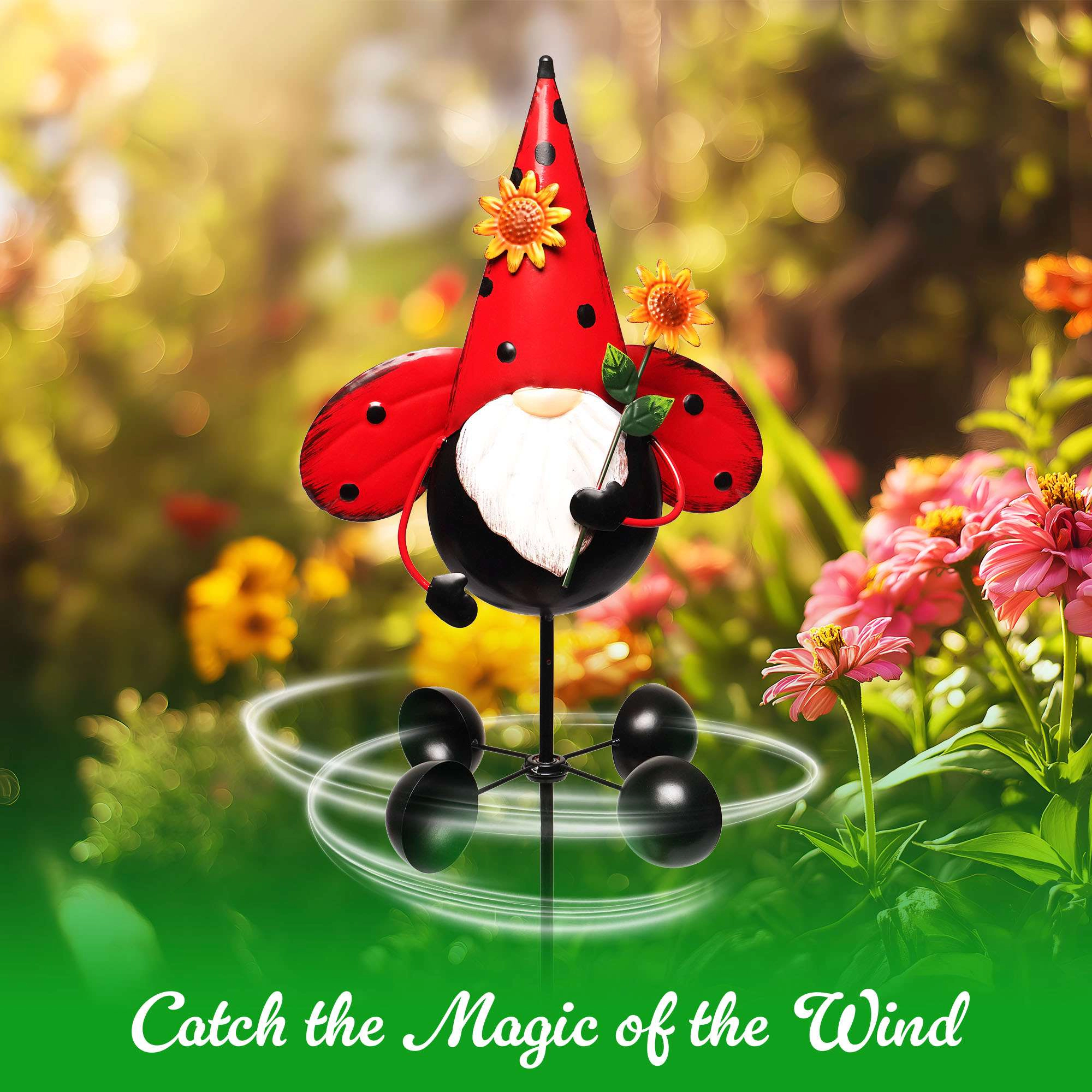 G128 48in Metal Gnome Wind Spinner Stake - 360° Swivel Garden Statue, Rust-Proof Painted Yard Decor