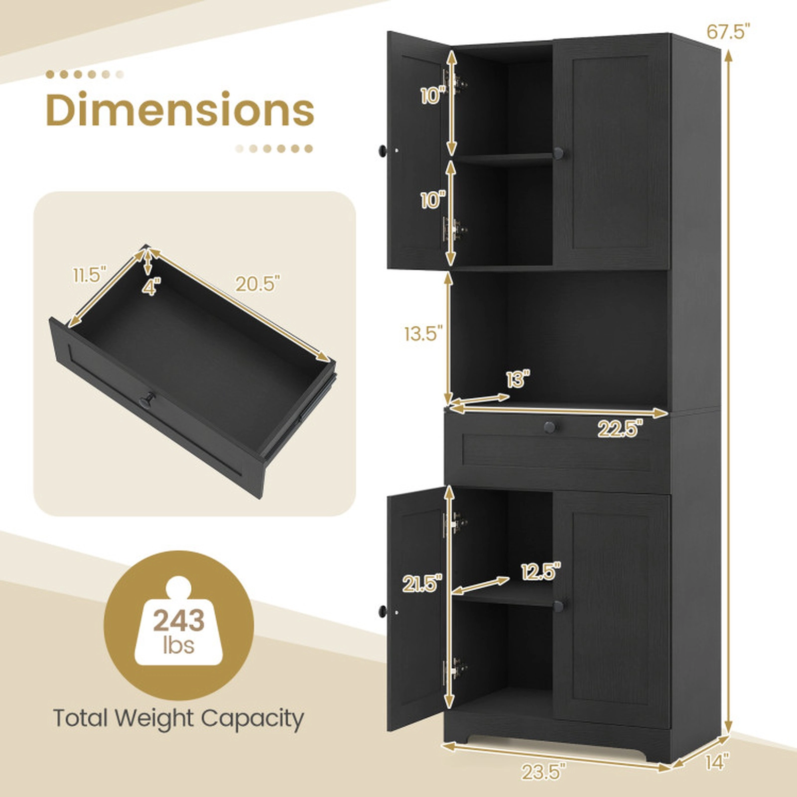 SUGIFT Tall Freestanding Floor Storage Cabinet with 4 Doors 1 Drawer 243-lb Capacity Black