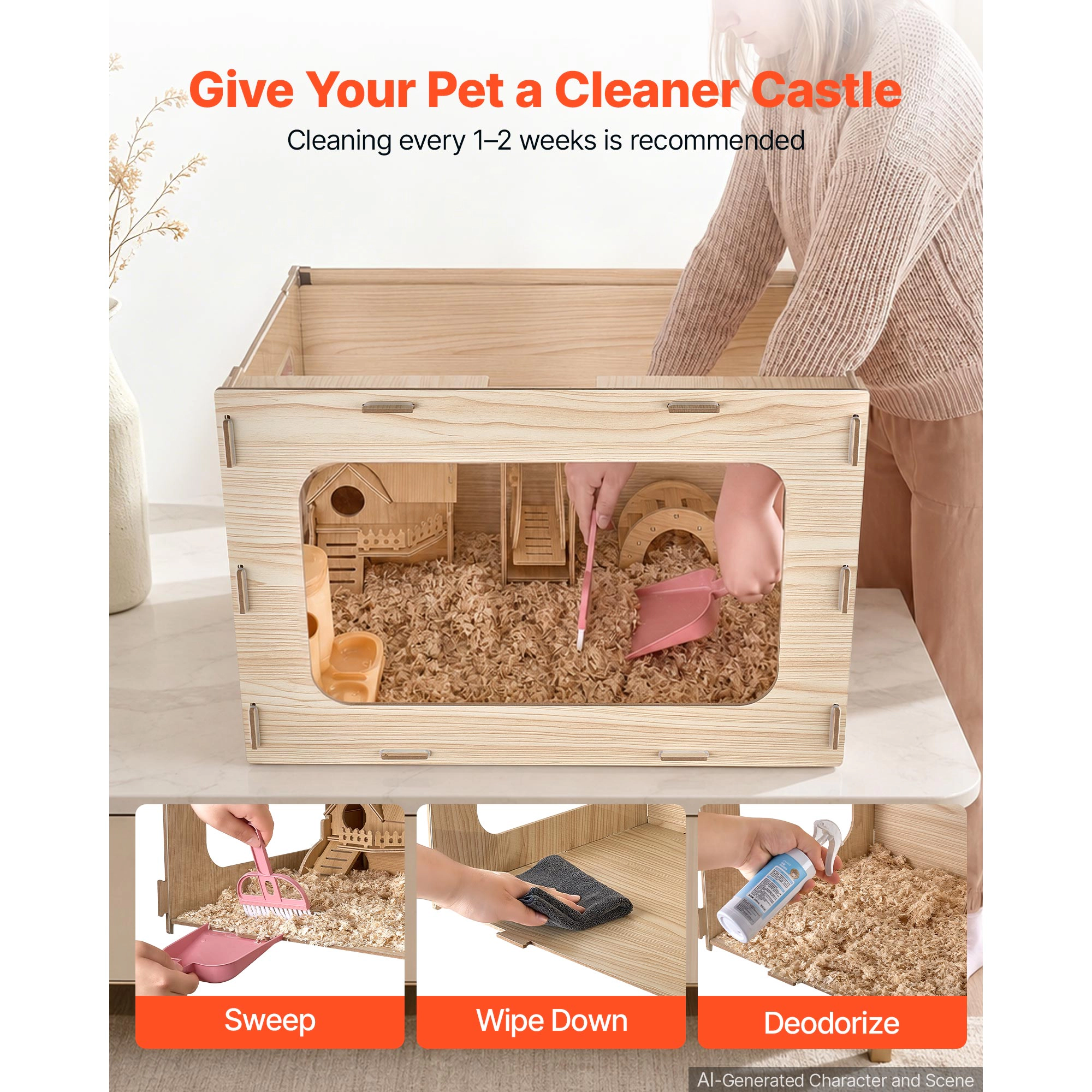 HONGGE Wooden Hamster Cage 270° Viewing Hamster Habitat Chewproof Acrylic Small Animal Cage with Openable Top Large Pet