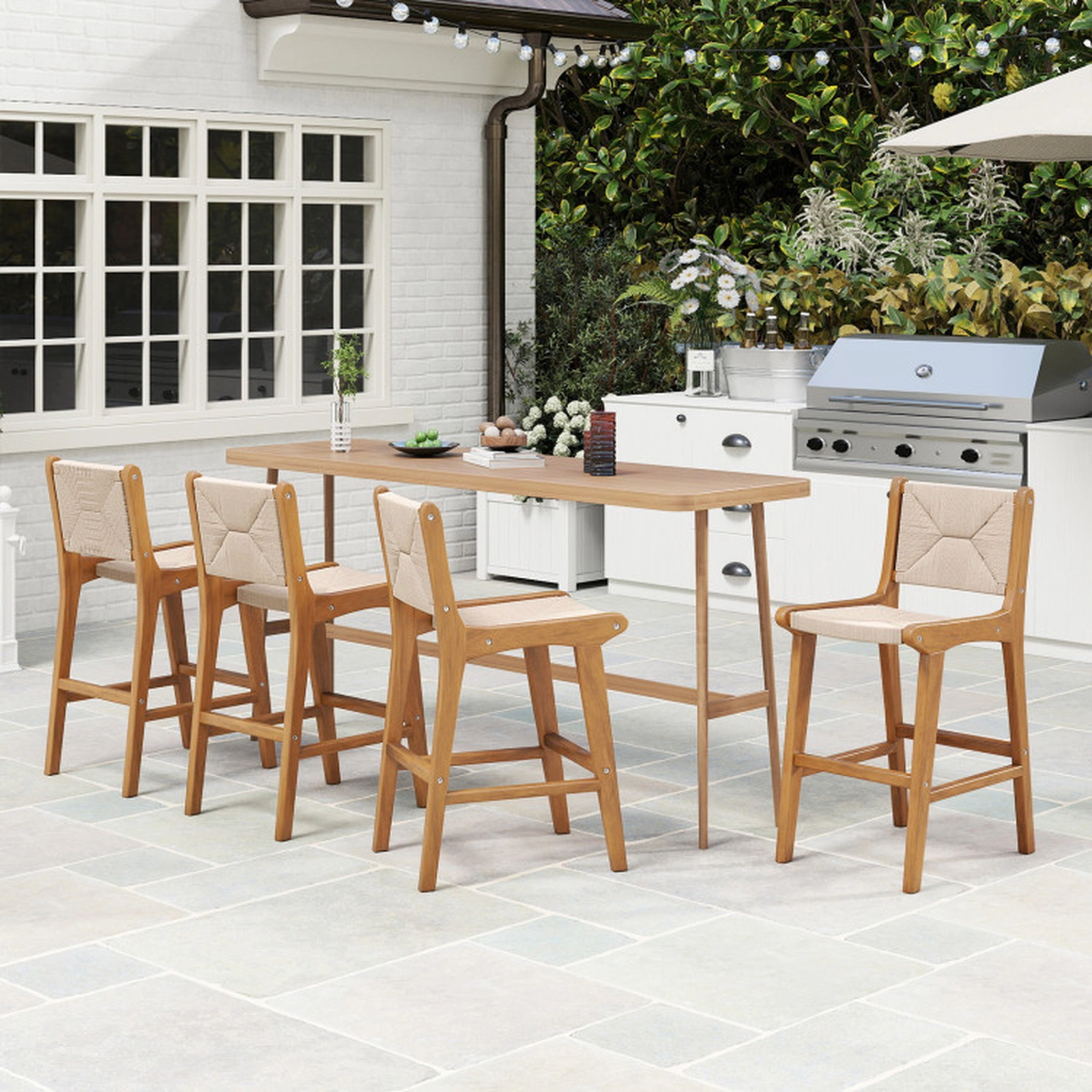 SUGIFT Natural Woven Paper Rope and Teak Frame Set of 2 Outdoor Counter Height Bar Stools