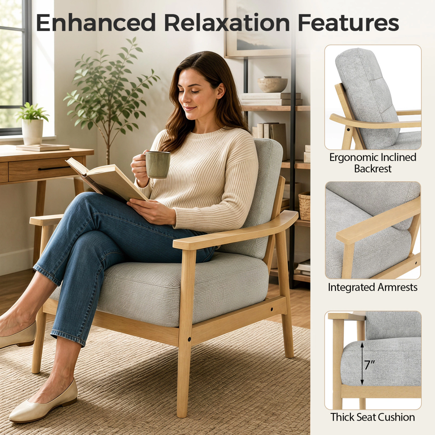LJG Modern Accent Chair with Rubber Wood Armrests and Legs for Living Room