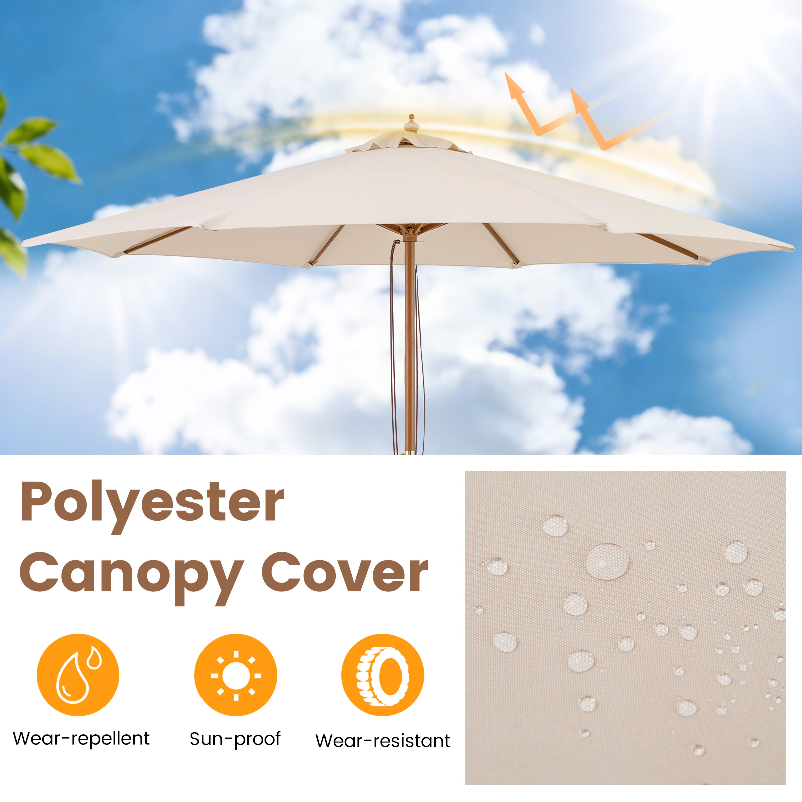SUGIFT 9-ft Patio Umbrella Outdoor Table Market Umbrella with 8 Bamboo Ribs and Safety Latch Beige