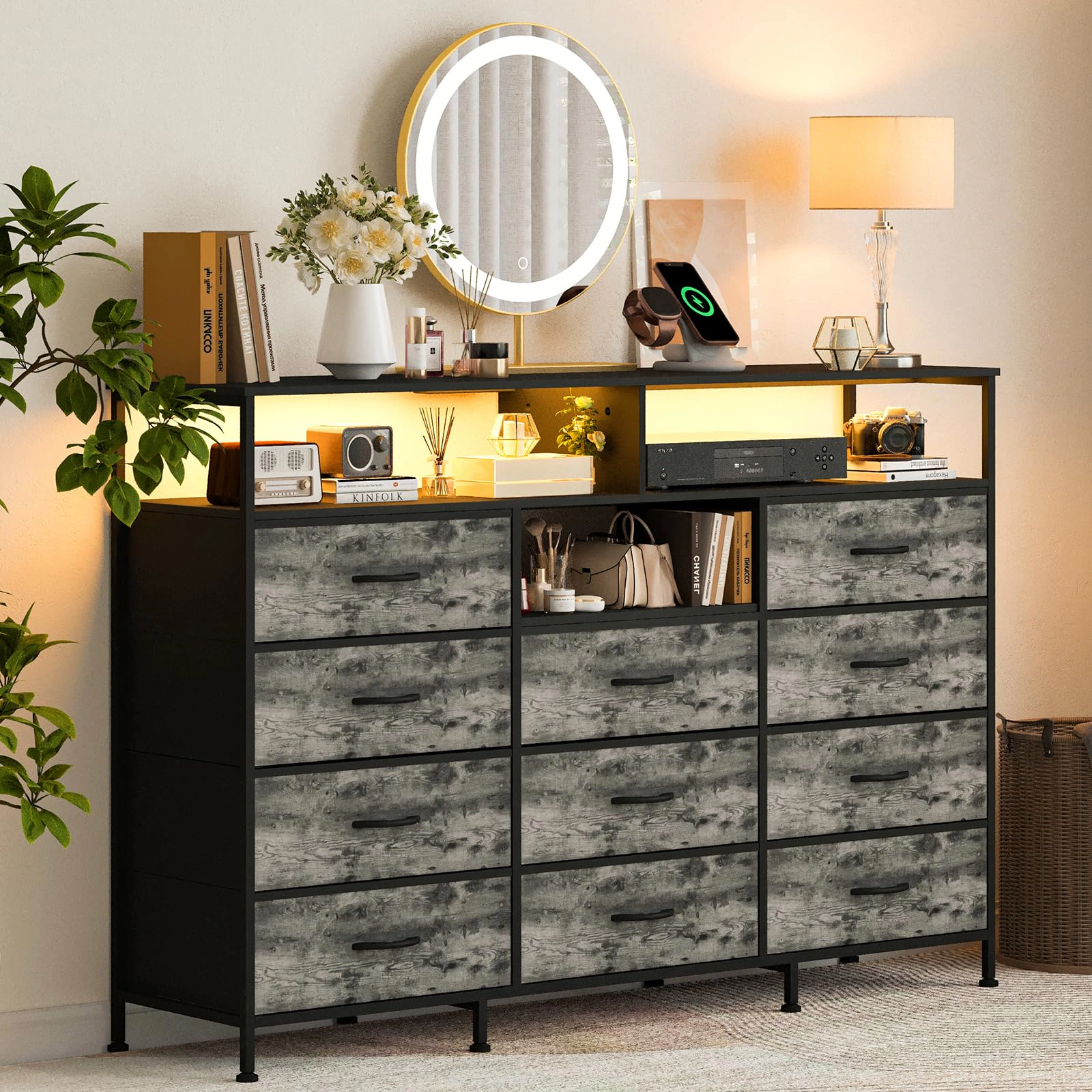 55.1" 11 Drawer Fabric Dresser with LED Lights, Power Outlet & Open Shelves