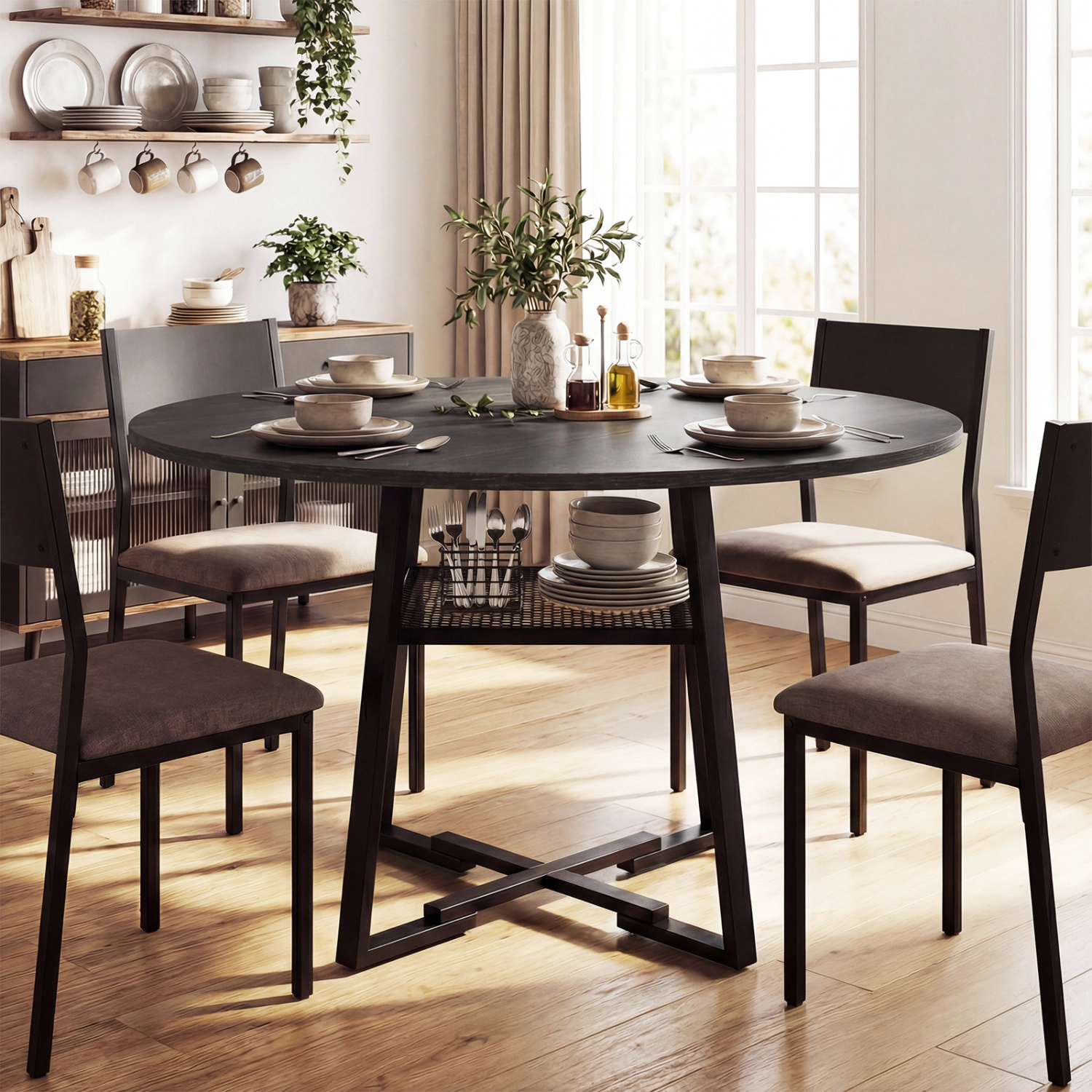 LJG Round Dining Table for 4-6 with Storage Shelf and Metal Legs