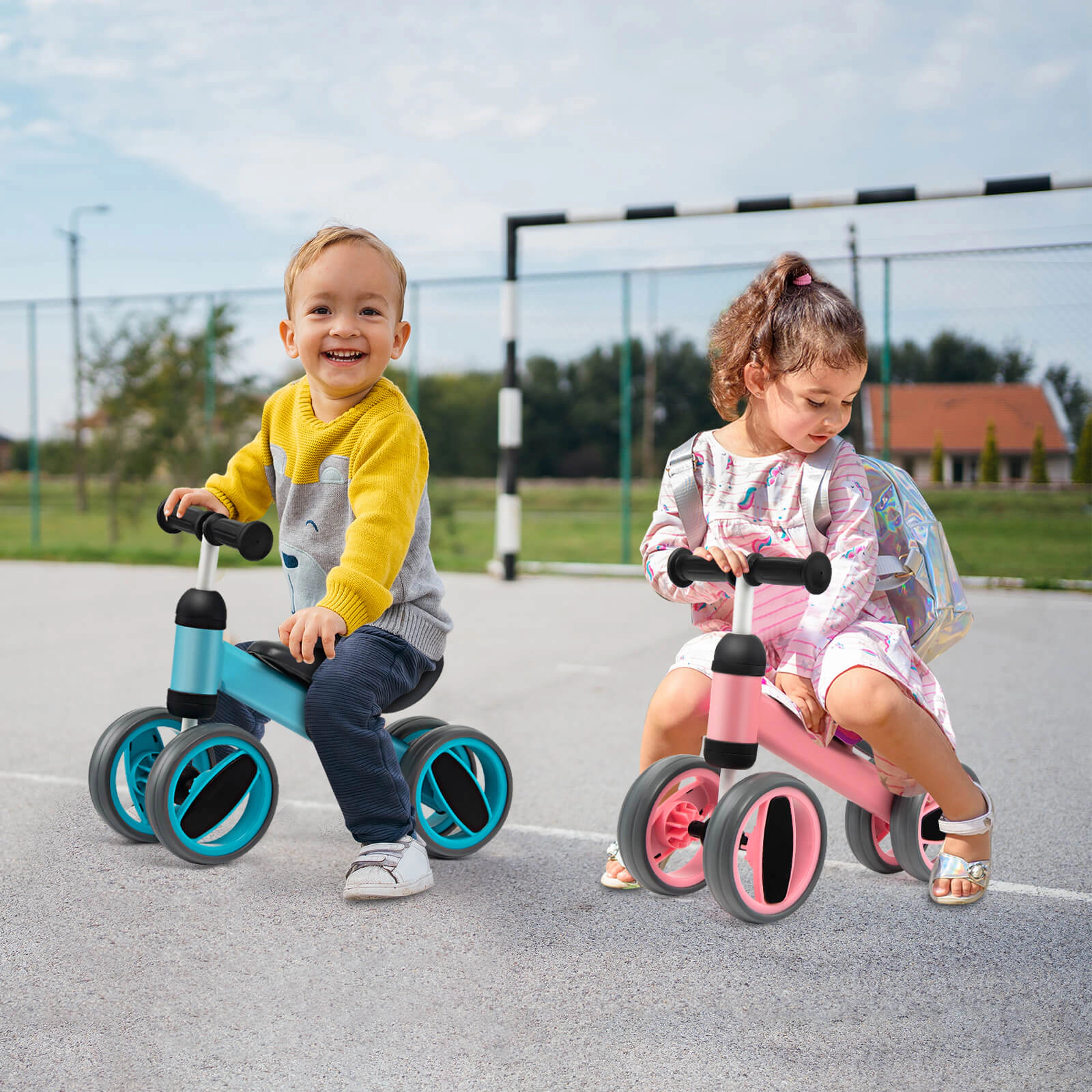 SUGIFT 4-Wheel Baby Balance Bike Toy with Steel Frame 44-lb Capacity Ages 1-2 Years 18.5-in Long 3.3-lb Net Weight Blue