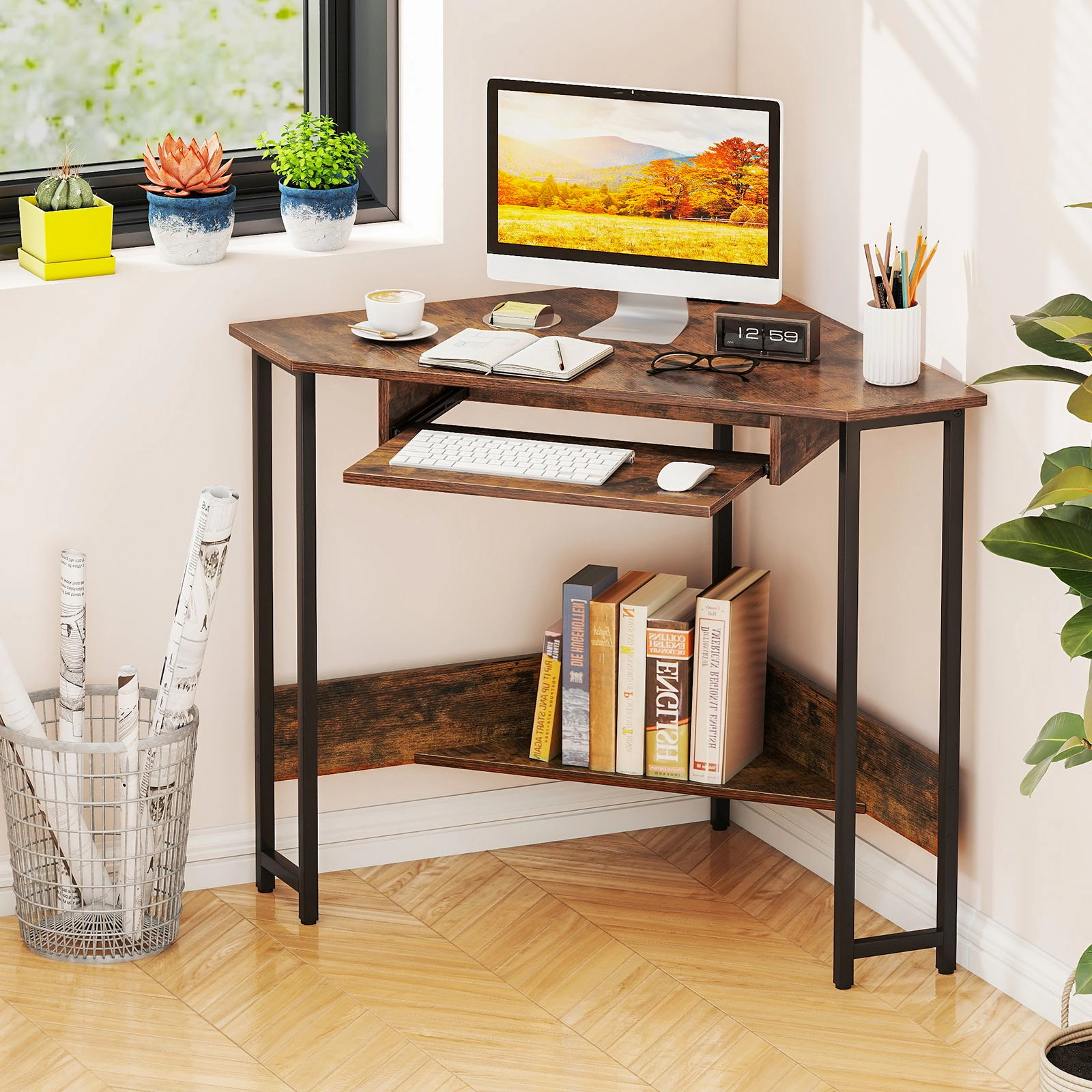 SlickBlue Corner Computer Desk with Keyboard Tray and Storage Shelf
