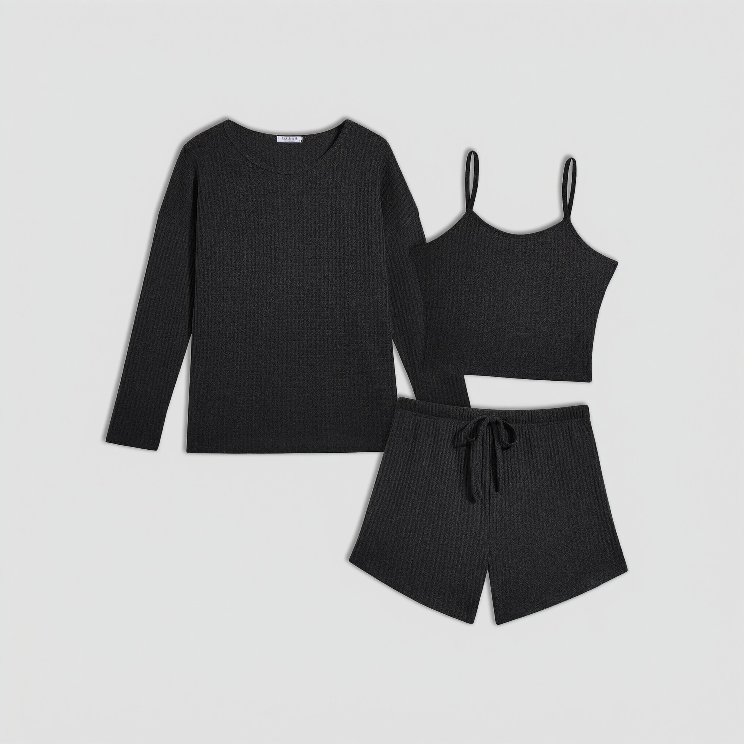 Ekouaer Three Piece Waffle Lounge Set Long Sleeve and Cami Top with Shorts Pajama Sets All Seasons