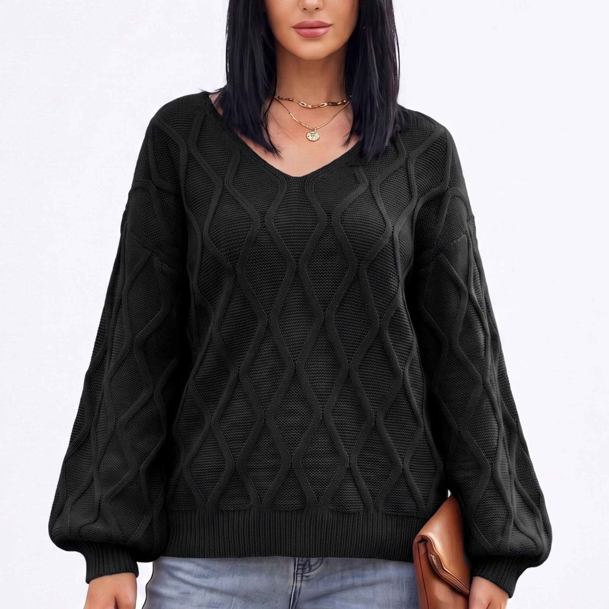 Anna-Kaci Women's Cable Knit V-Neck Balloon Sleeve Sweater