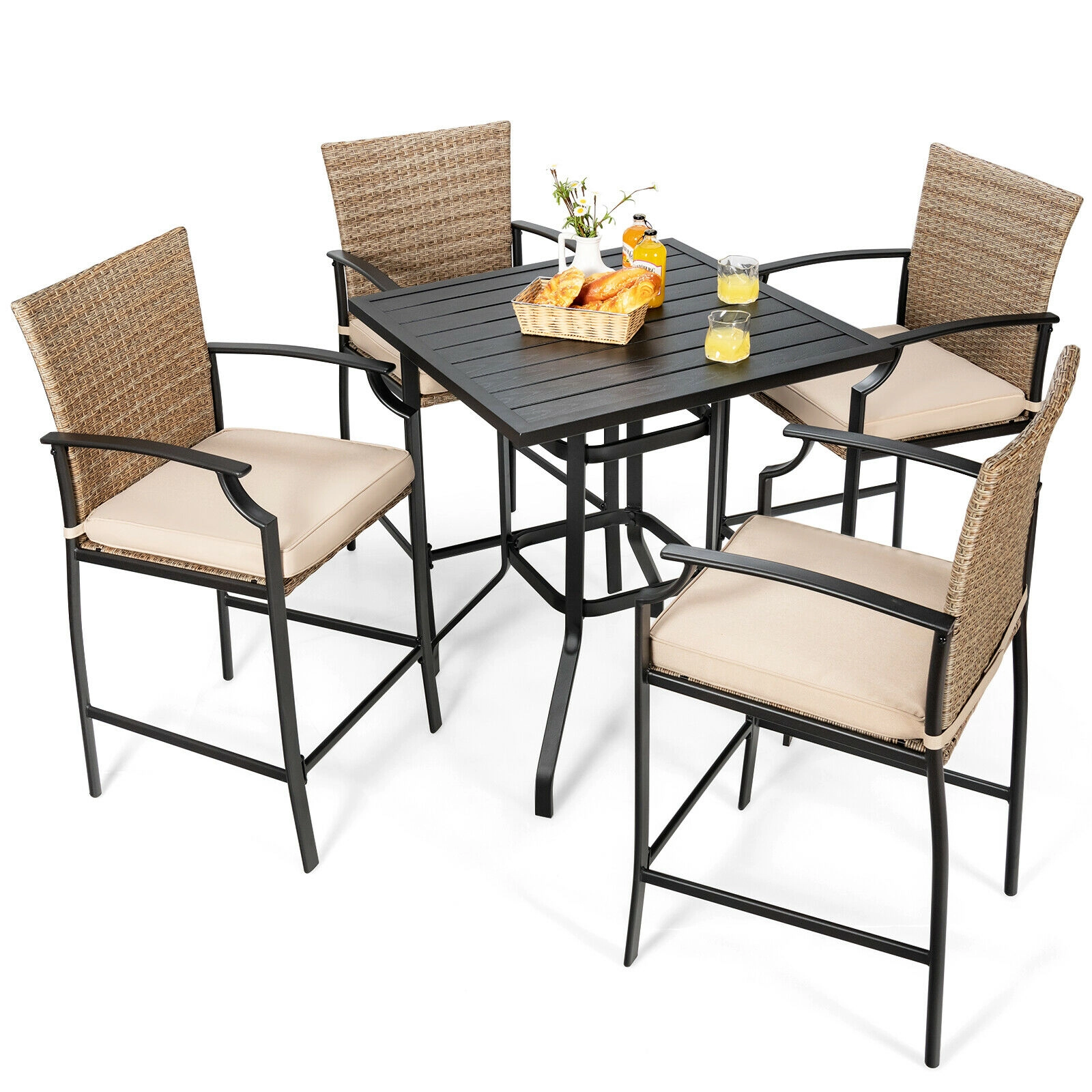 SUGIFT Set of 4 Armrests High Backrest and 2-in Cushions Patio Rattan 330-lb Rated Bar Stools Beige