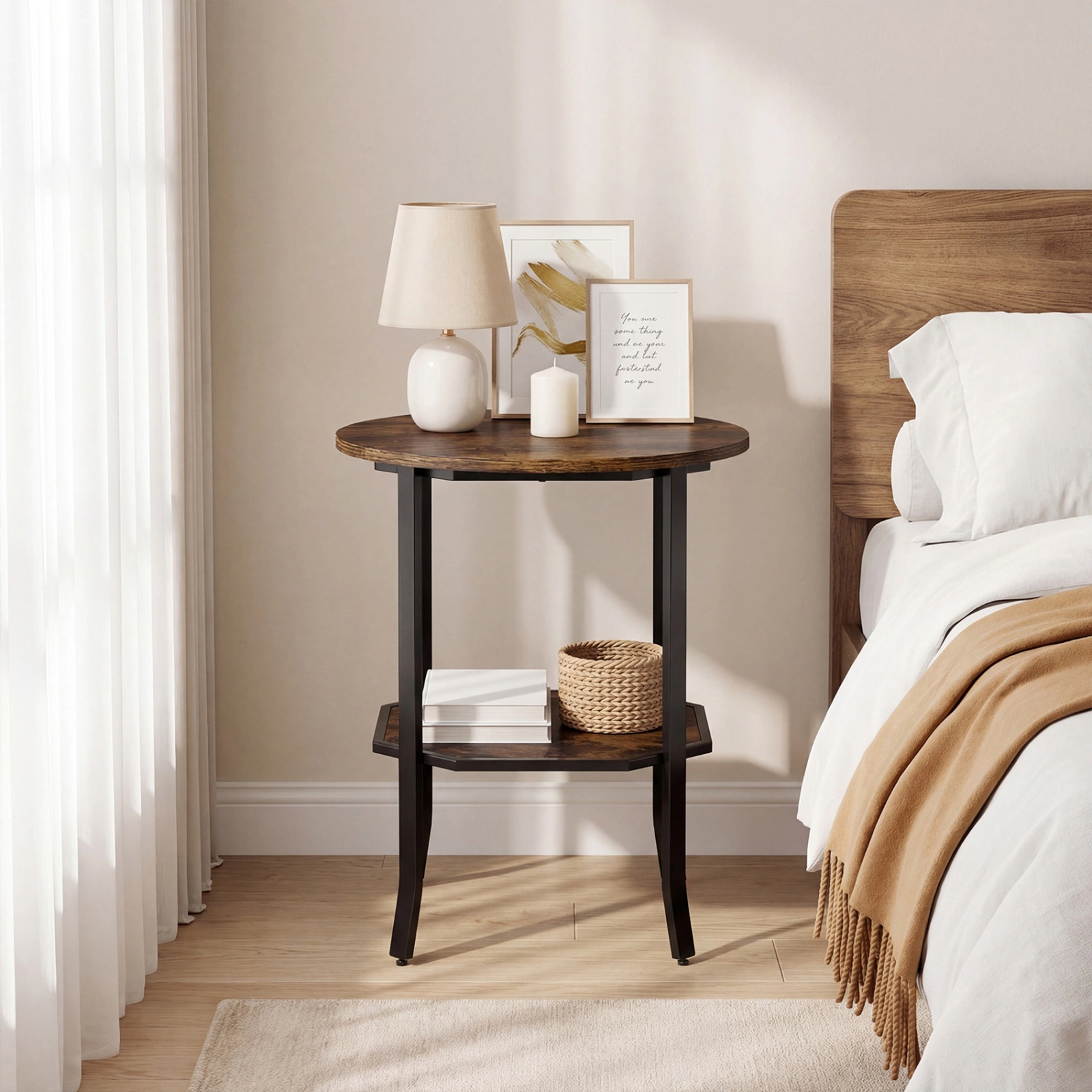 SUGIFT Round Small End Table 2-Tier Storage Shelf 90-lb Tabletop Capacity 20 x 24 in Frame Rustic Brown & Black