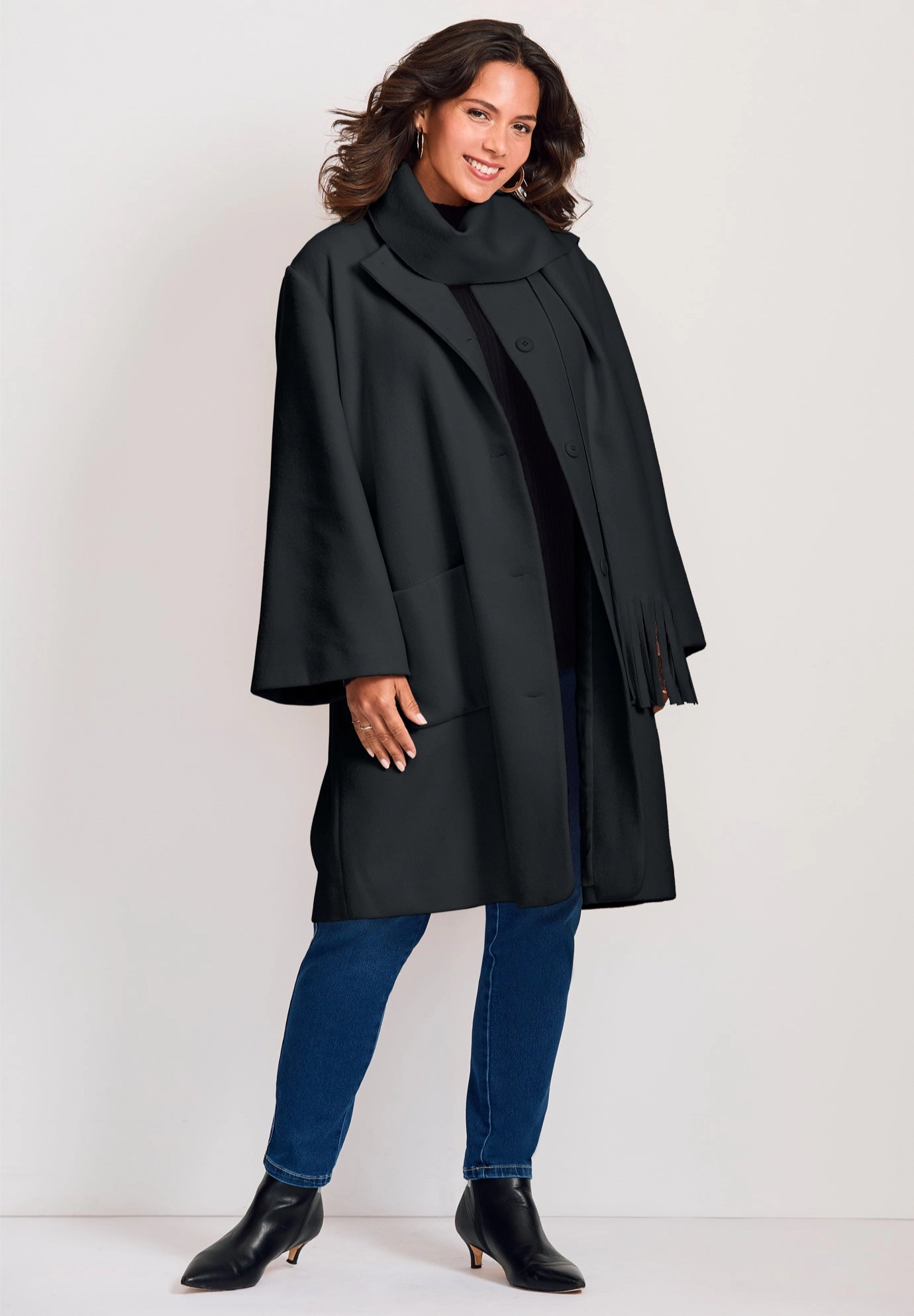Avenue Women's Plus Detachable Fringe Scarf Coat