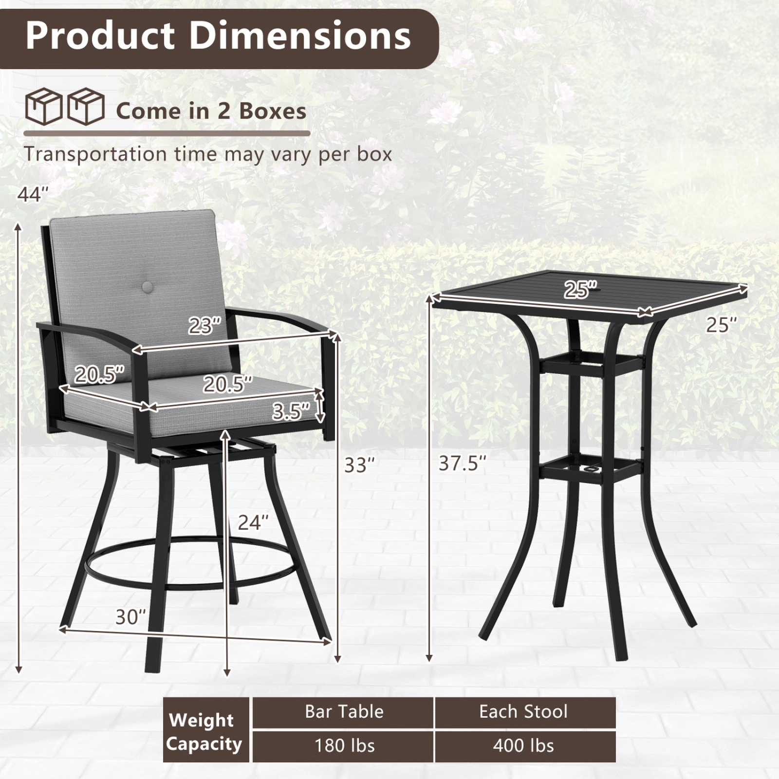 SUGIFT 3-Piece 360-Degree Swivel Stools Cushions Umbrella Hole Patio Bar Set 25-in x 25-in 180-lb Capacity Gray