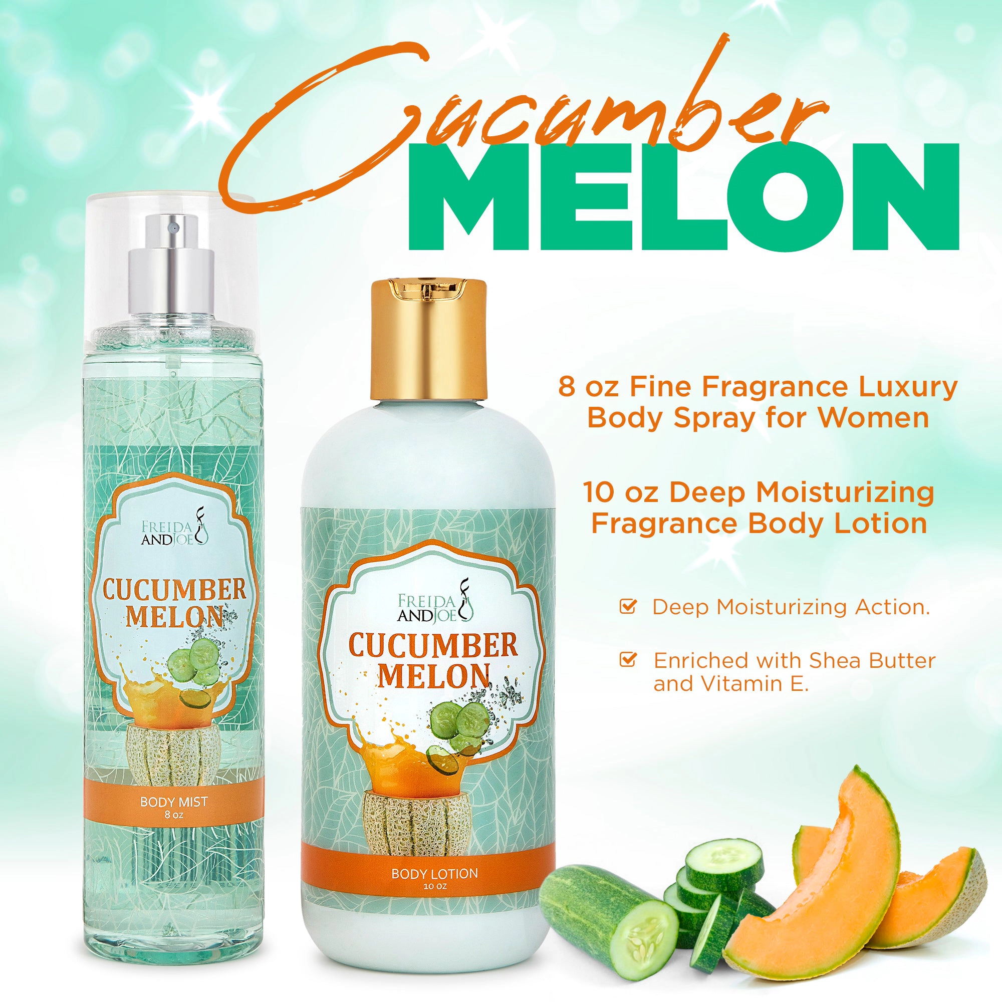 Freida and Joe Womens 10oz Deep Moisturizing Fragrance Body Lotion & 8 oz in Cucumber Scent