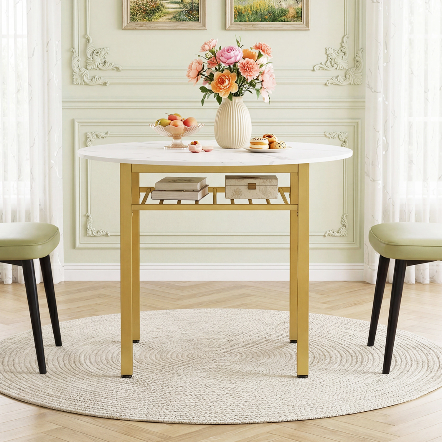 SUGIFT 40-in Round Kitchen Table with 8-in Storage Shelf and Metal Frame 250-lb Capacity 30-in Tall White + Gold
