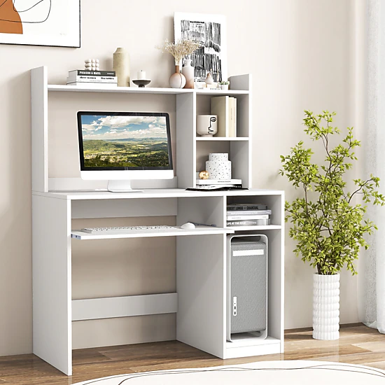 SUGIFT Home Office Computer Desk Hutch Keyboard Tray CPU Stand 210-lb Desktop Capacity 2 Outlets 2 USB Ports White/Black