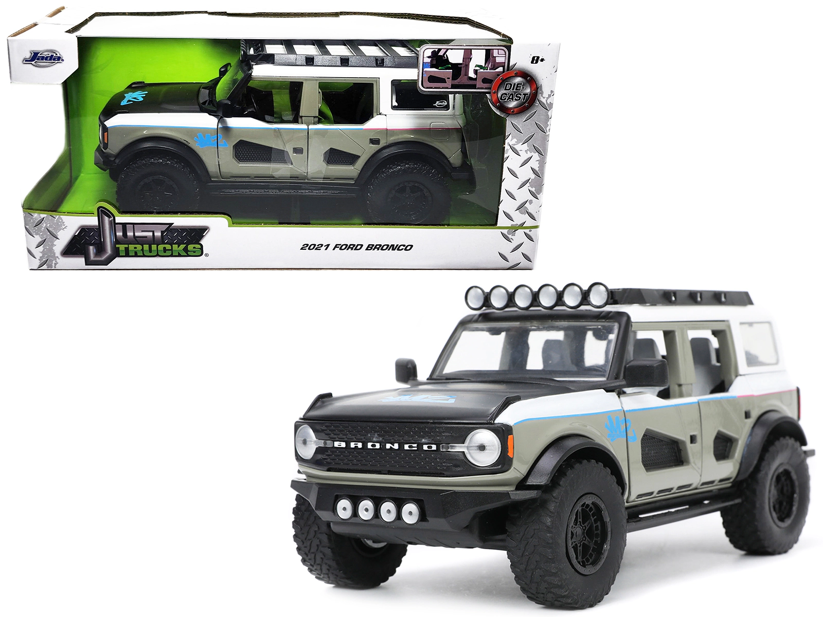 Jada 2021 Ford Bronco Gray and White with Matt Black Hood with Roof Rack "M2 Motoring" "Just Trucks" Series