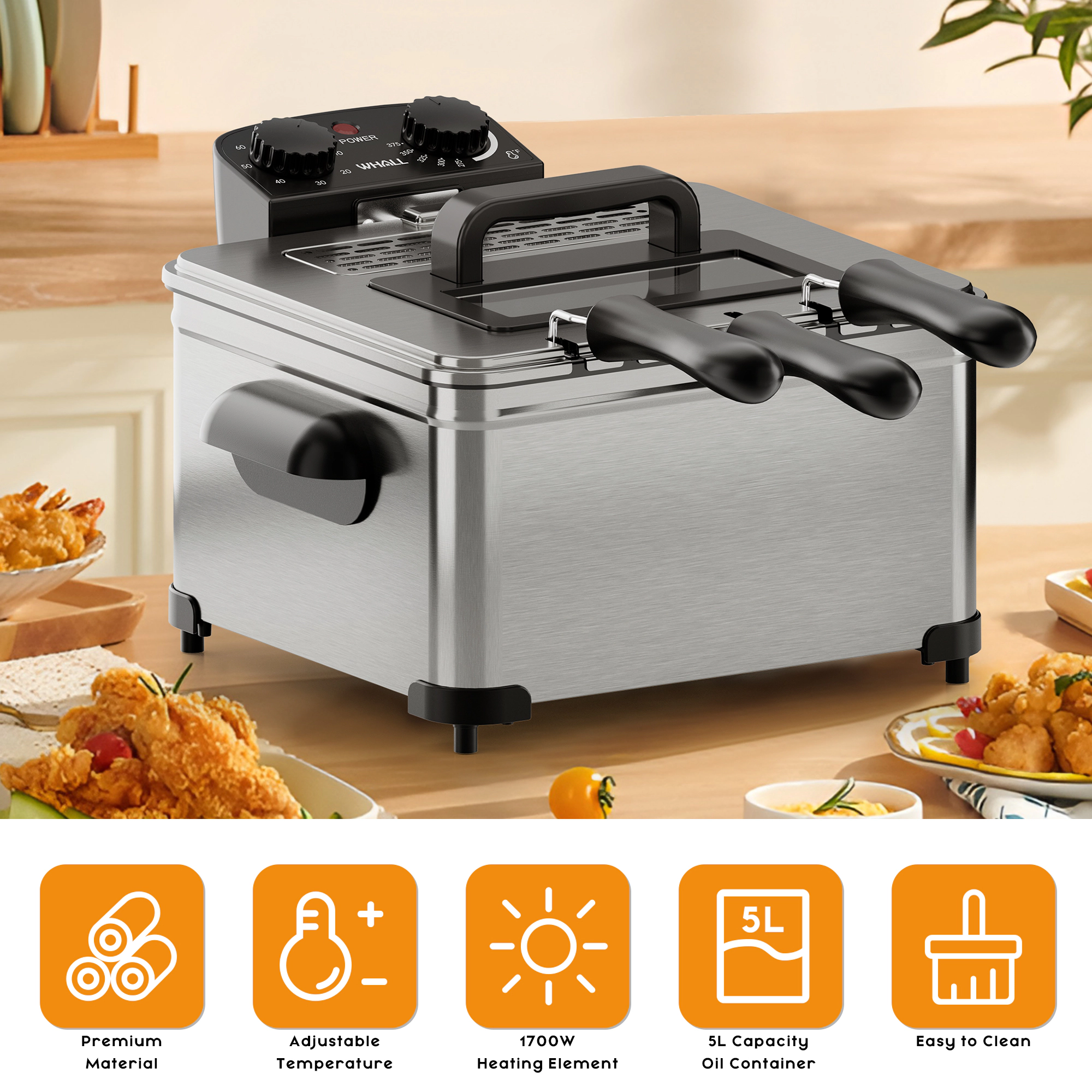WHALL - 5.3QT Electric Deep Fryer, 1700W Electric Oil Fryer, Triple Baskets, Adjustable Temp,View Window