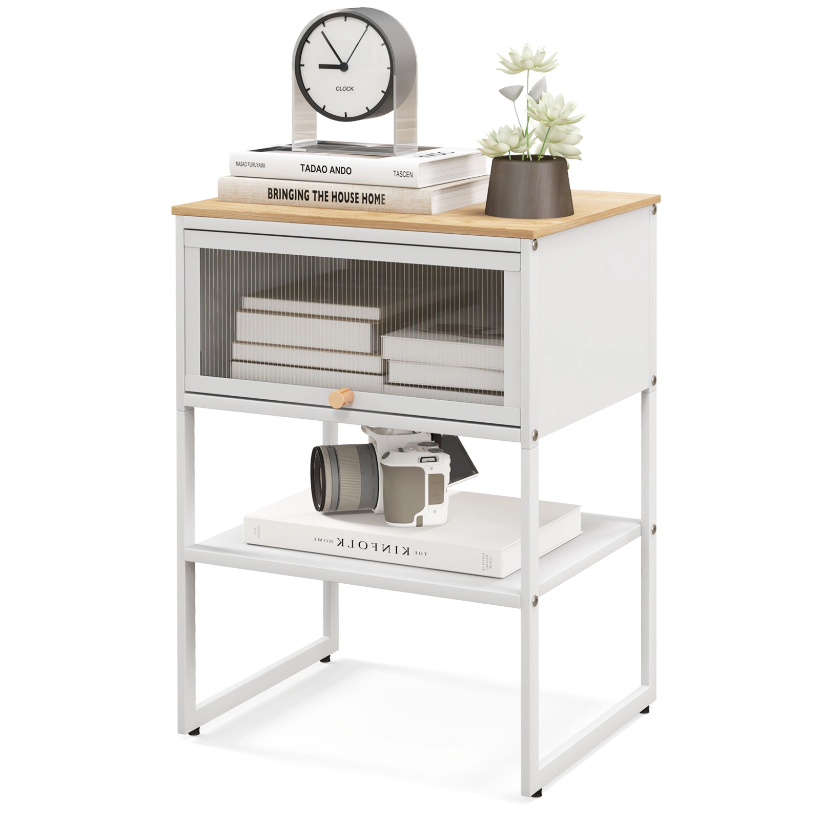 Glintex 3-Tier Nightstand with Flip-Up PC Door and Magnetic Catch, White