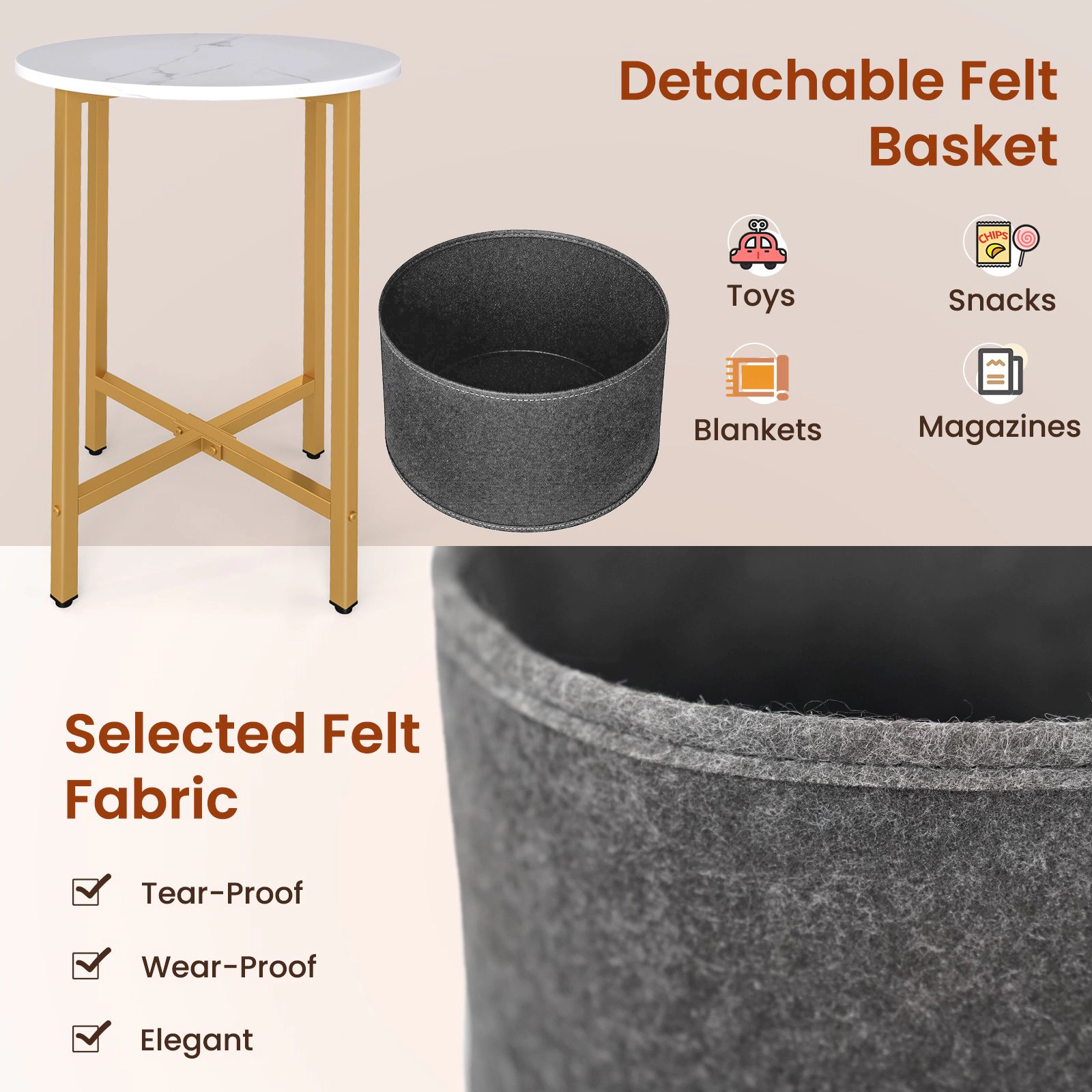 SlickBlue Round End Table with Removable Felt Storage Basket