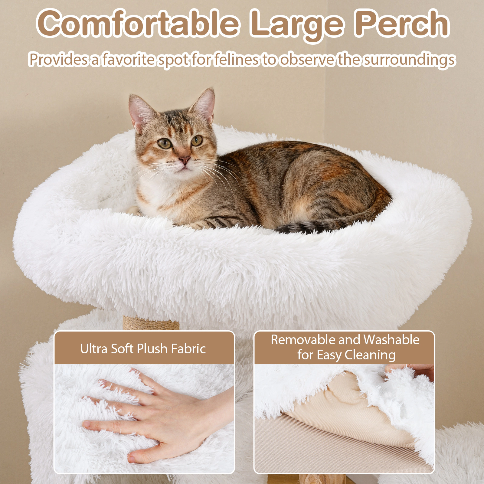 SUGIFT Modern 30.5-in Cat Tree Tower with Pear Wood Branches and Condos 33-lb Capacity White+Natural
