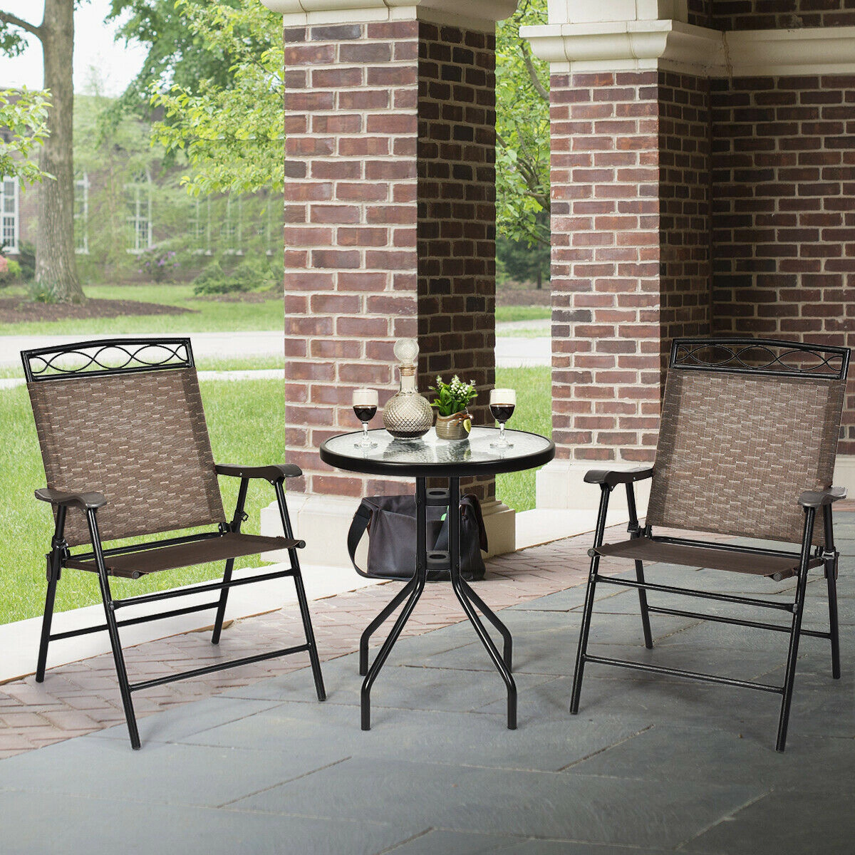 SUGIFT Bistro Dining Set with Tempered Glass Table 135-lb Table 330-lb Chairs 1.57-in Umbrella Hole Brown and Black