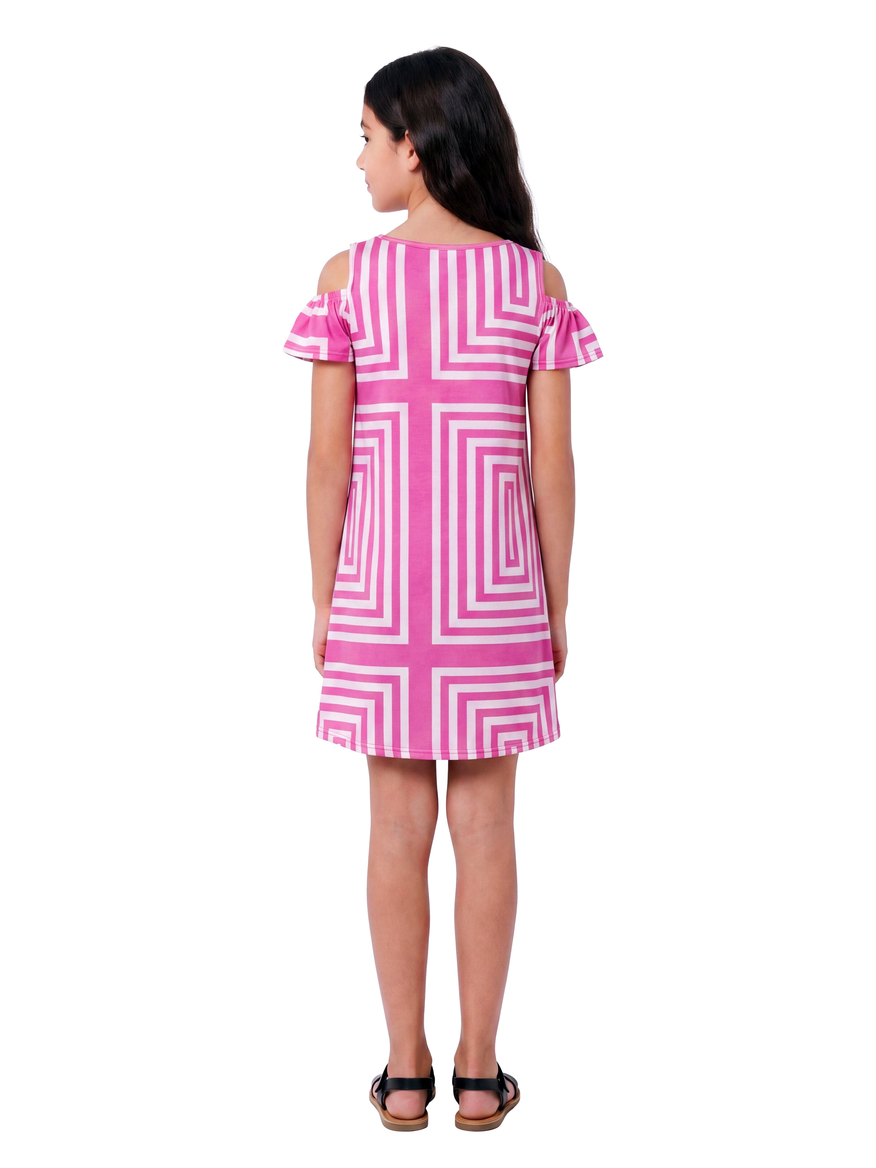 24sevenKid Essential Girls Pink Print Cold Shoulder A Line Dress