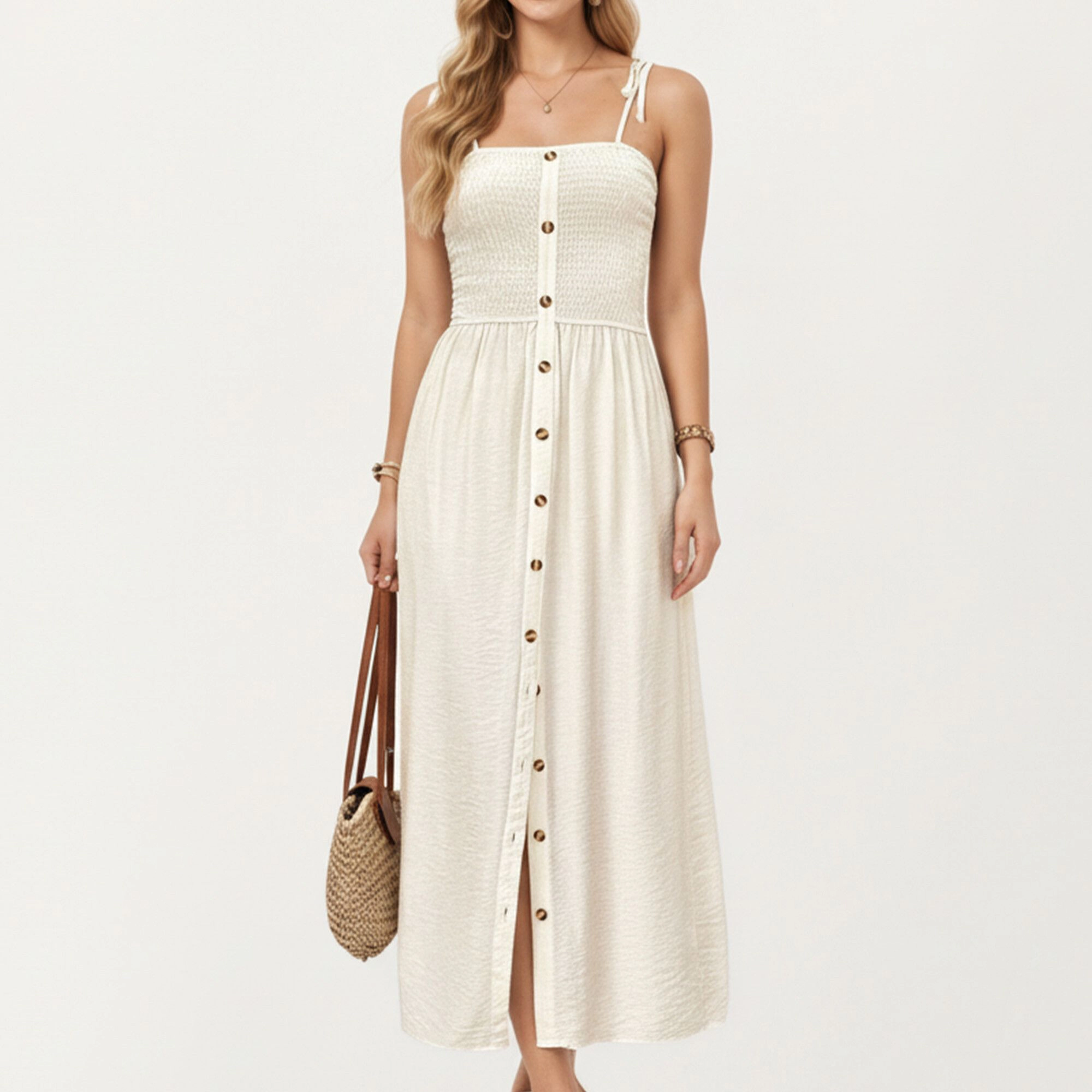 Anna-Kaci Womens Smocked Button-Front Maxi Dress with Tie Shoulder Straps