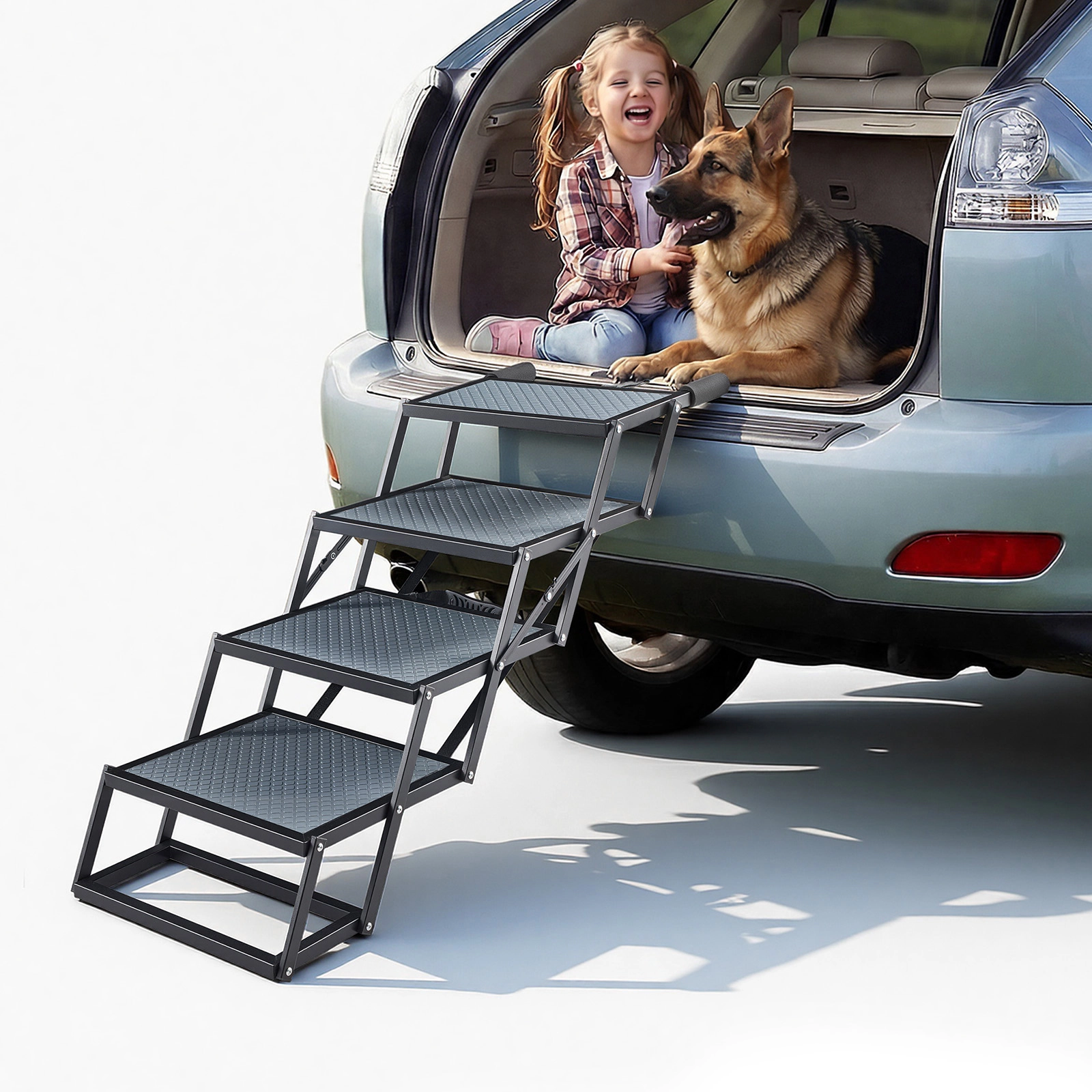 HONGGE Dog Stairs for Car 4 Steps Extra Wide Foldable Dog Ramp for Large Dogs with Non-Slip Surface Portable