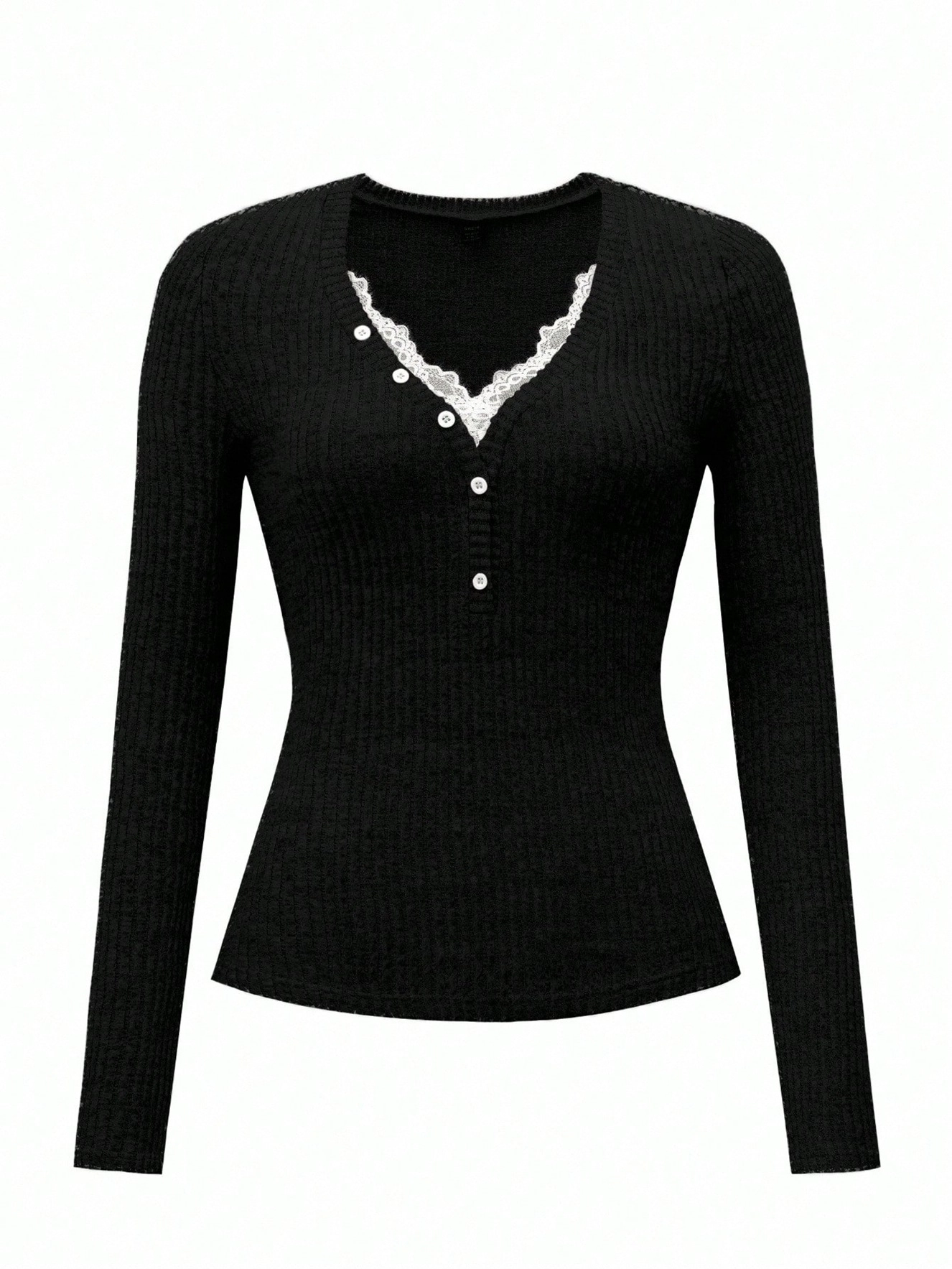 Enchanted Funland Womens V‑Neck Ribbed Henley Button Long Sleeve Slim Tops