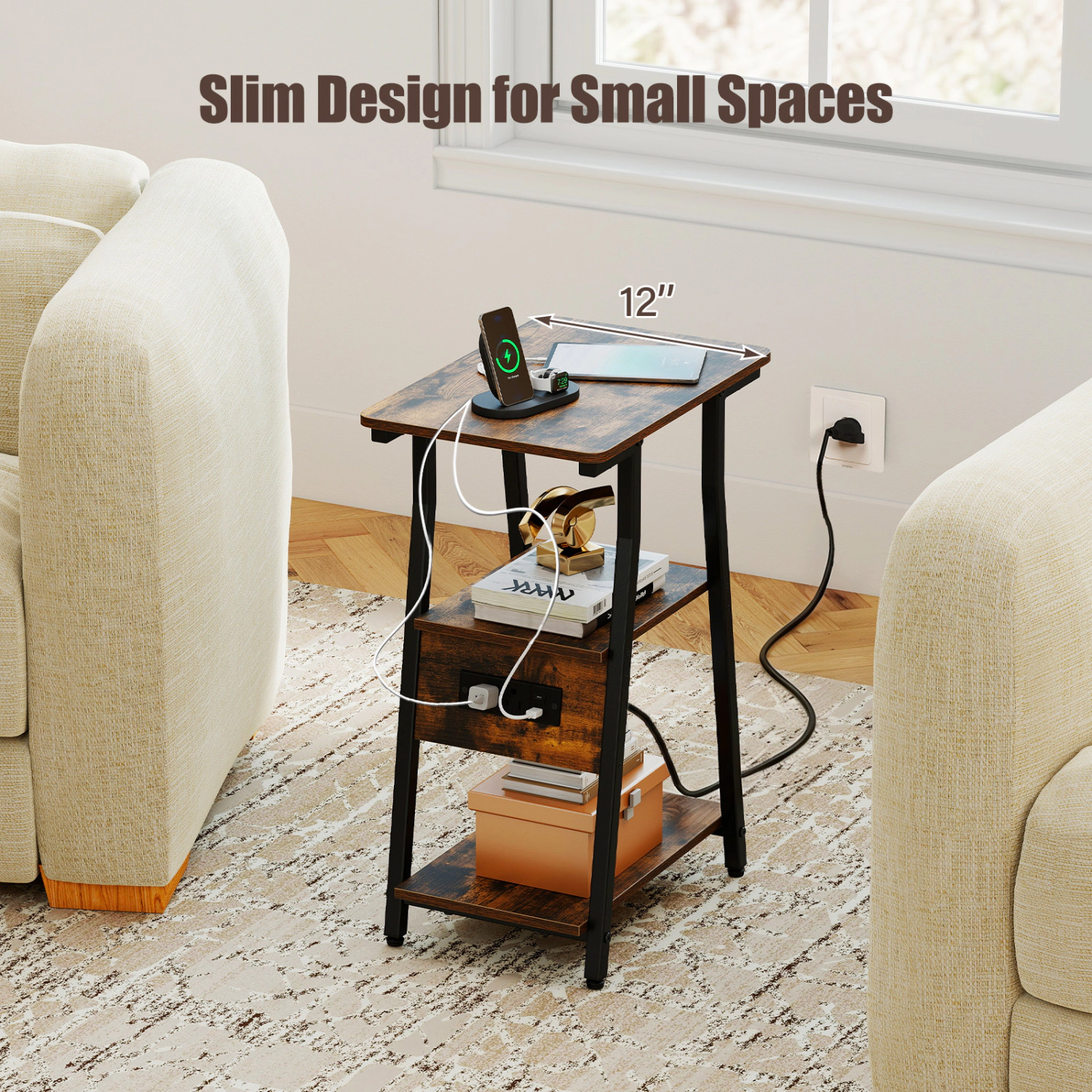 LJG Set of Industrial Side Tables with Charging Station & 3-Tier Shelves for Small Space