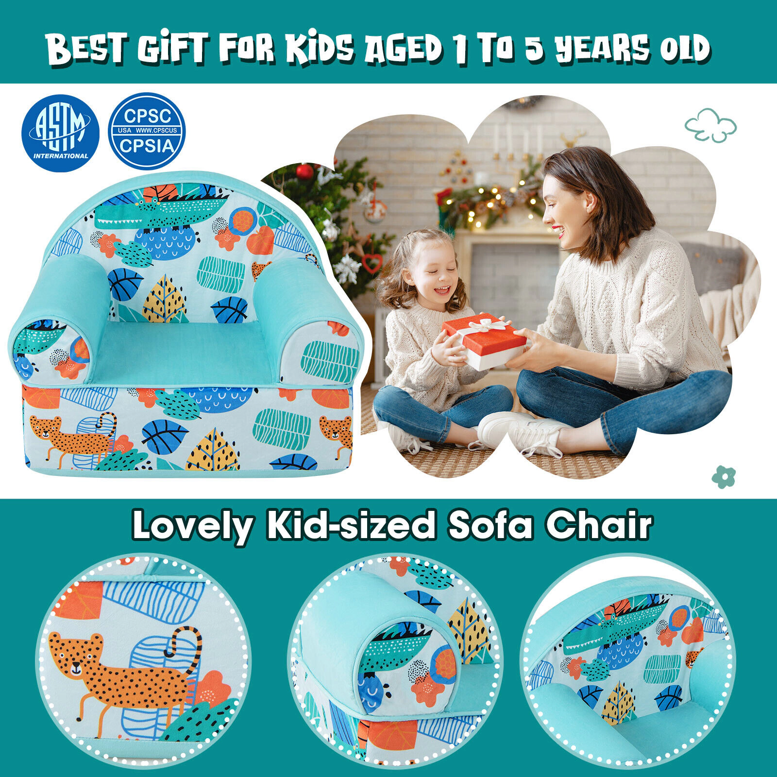 SUGIFT Detachable Velvet Kids Armchair Office Chair 110-lb Capacity Ages 0-5 25.5-in Wide Seat Blue 2-Piece Set