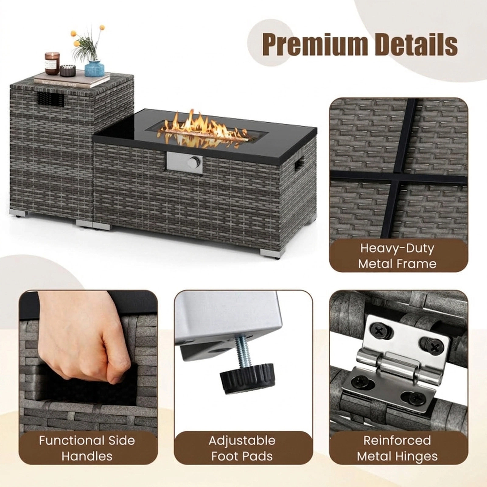 SUGIFT Gray Rattan Gas Fire Pit Table Set with Glass Top 32-in W 20-in D 16-in H 265-lb Tabletop Capacity