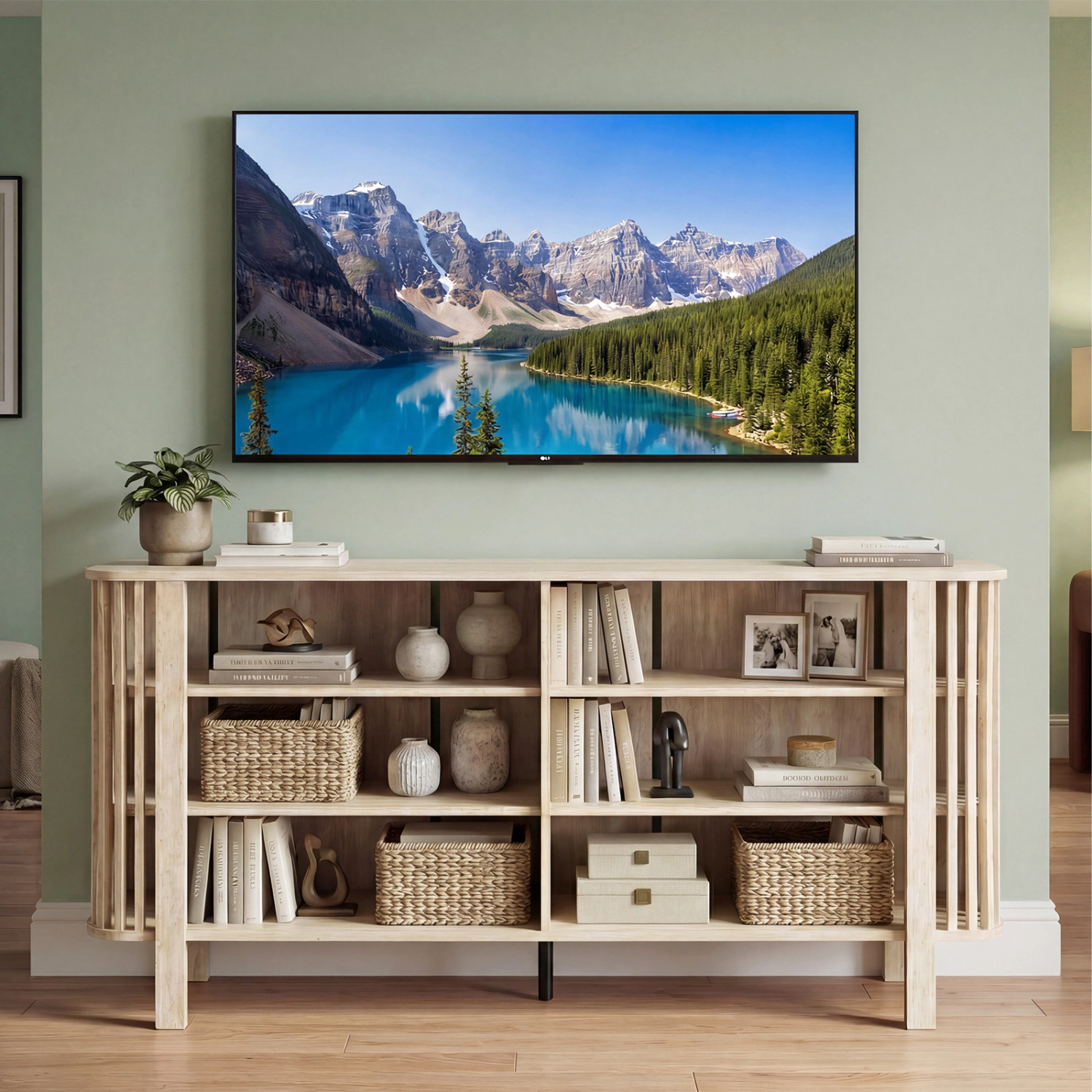 Glintex 59-Inch Slatted TV Stand with 3-Level Adjustable Shelves, Natural