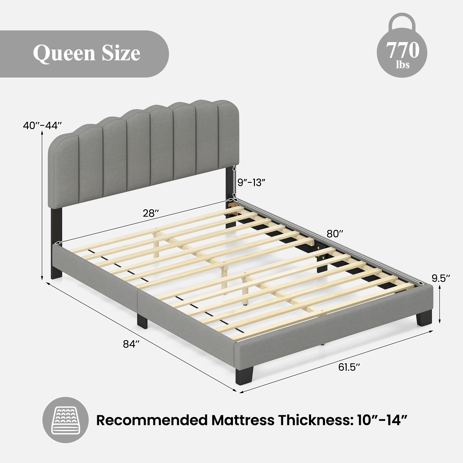 SUGIFT Gray Adjustable Scalloped Tufted Headboard and LVL Slats Queen Size Bed Frame