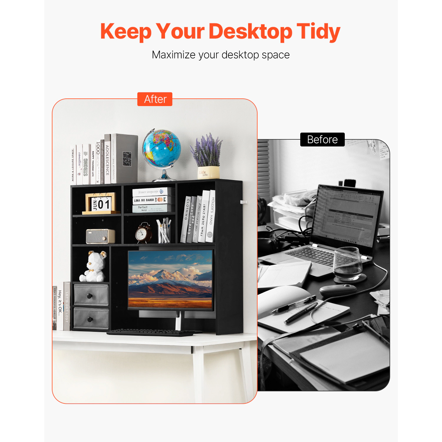 HONGGE Desktop Bookshelf 3-Tier Storage Organizer 37" x 10" 31.1" Office Rack Wood Display Shelf