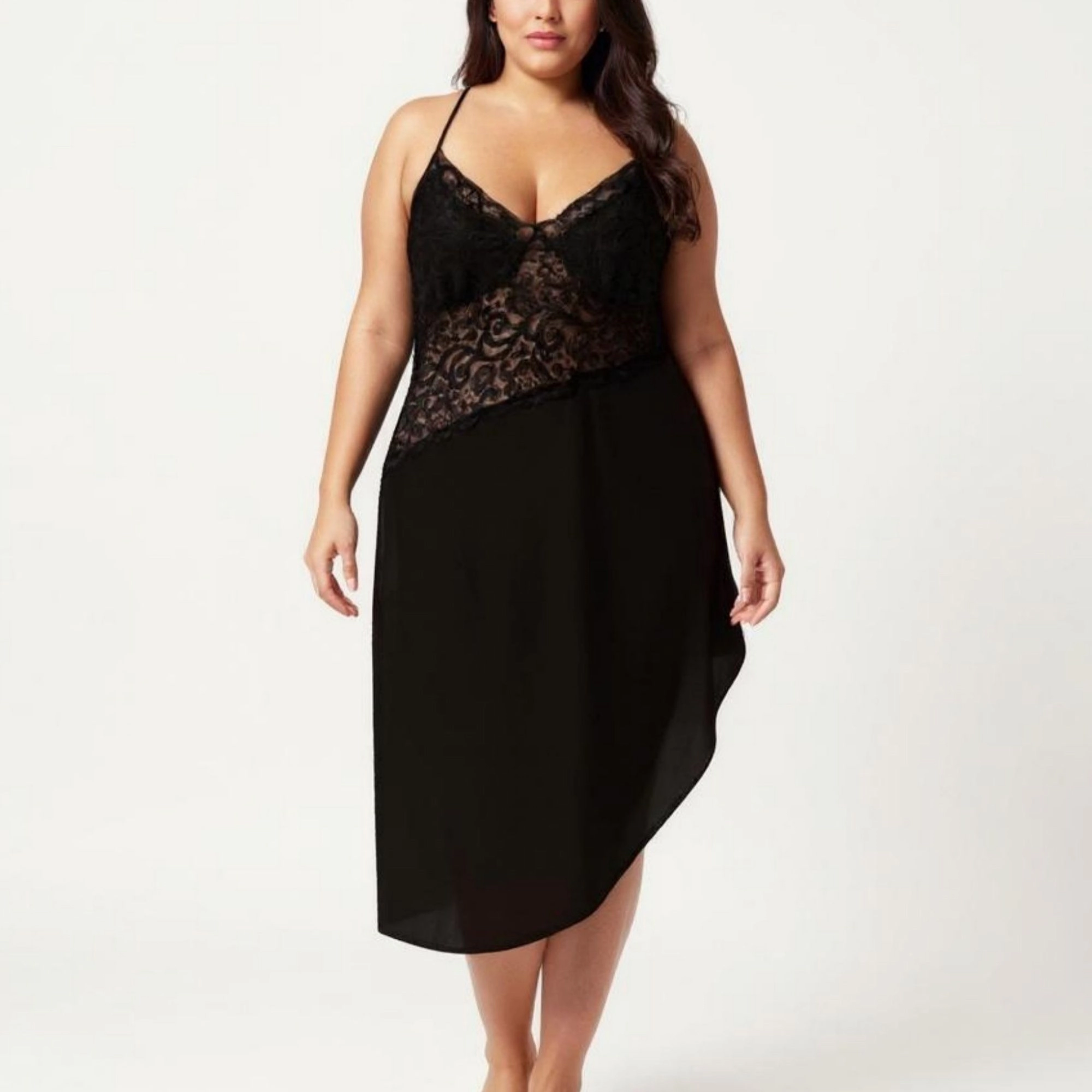 Anna-Kaci Women's Plus Lace Panel Slip Nightgown with Adjustable Spaghetti Straps V Neck Asymmetrical Hem Sleepwear