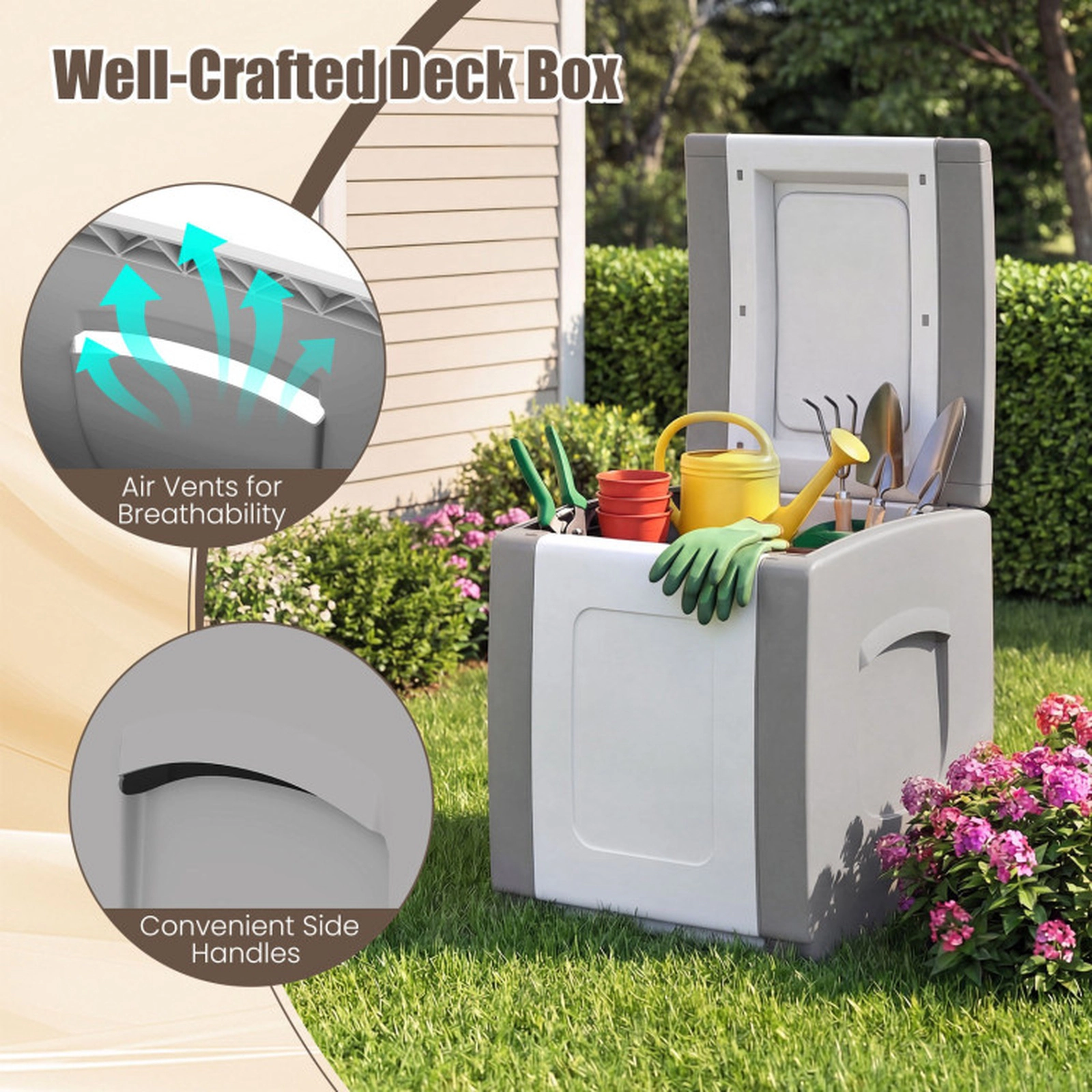 SUGIFT 27-Gallon Outdoor Deck Box with Lid 180-lb Capacity PP Storage Box Beige + White Gray + White
