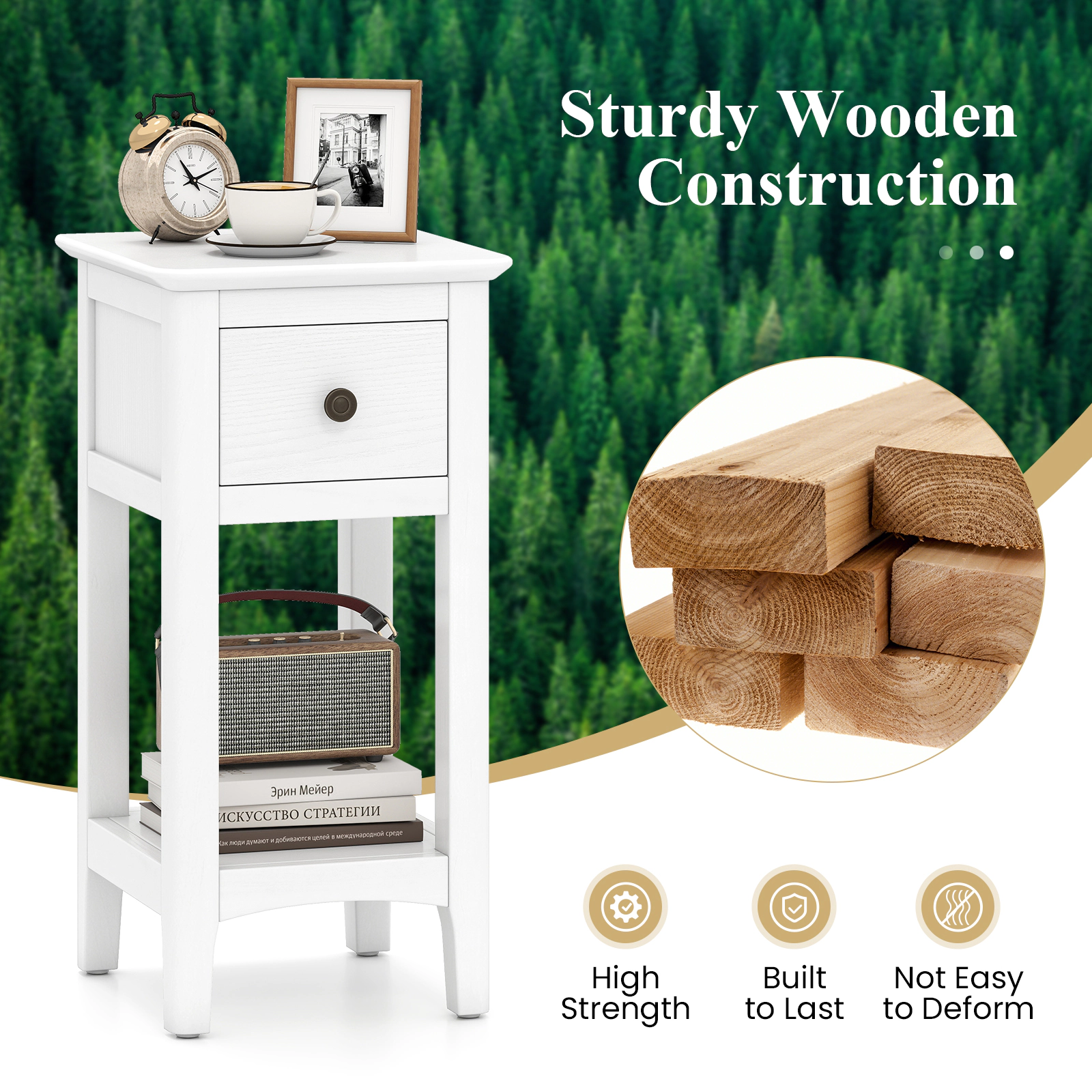 SUGIFT 3-Tier Nightstand with Drawer and Open Storage Shelf 44-lb Bottom Shelf Capacity White