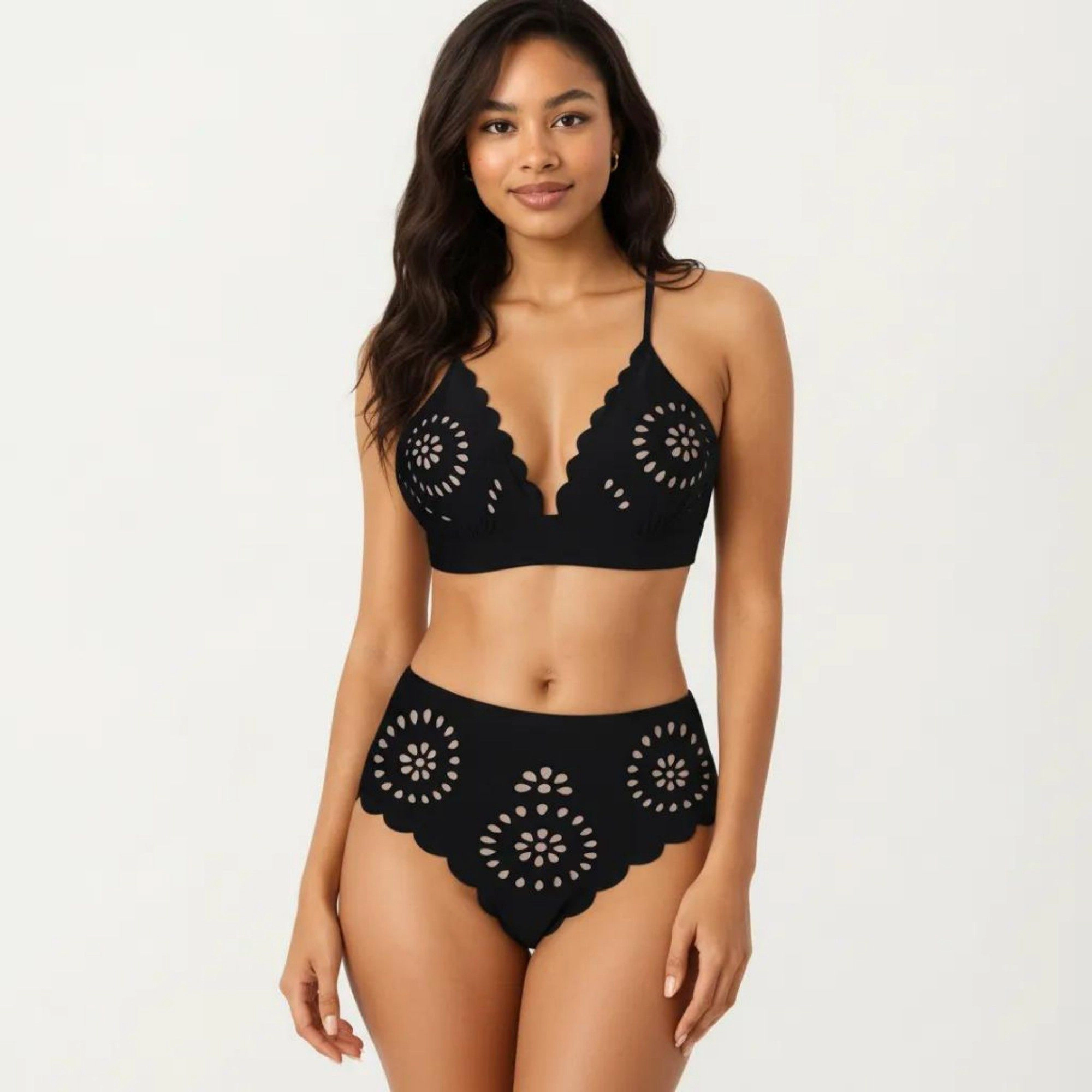 Anna-Kaci Women's 2-Piece Bikini Set with Scalloped Trim Laser Cut Design Triangle Top High Waisted Bottom