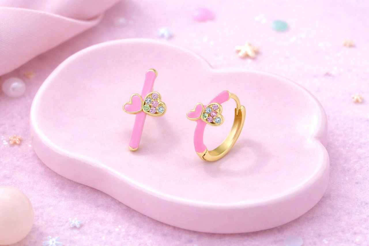 CHANTEUR Kids Yellow Gold-Plated Huggie Hoop Earrings with Pink Enamel and Cubic Zirconia
