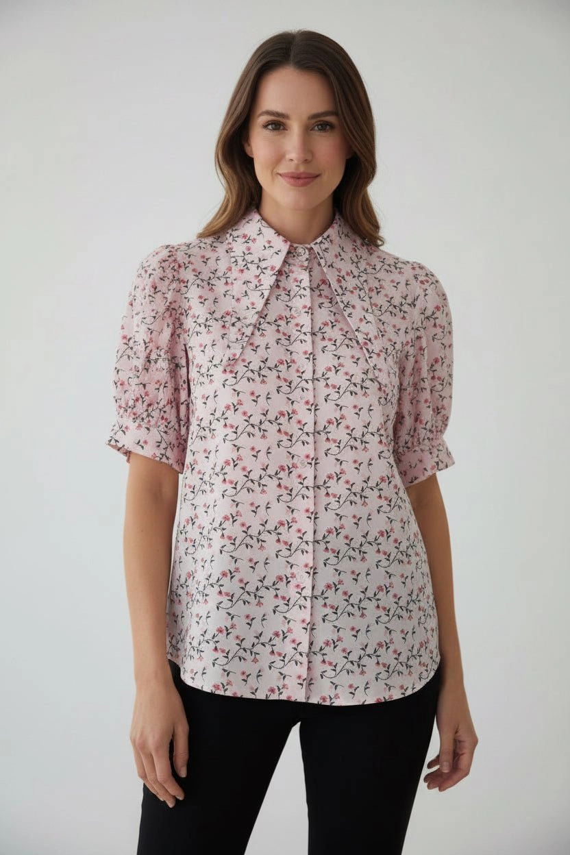DressAtR Women's Floral High Neck Long Collar Elbow Sleeve Front Button Blouse