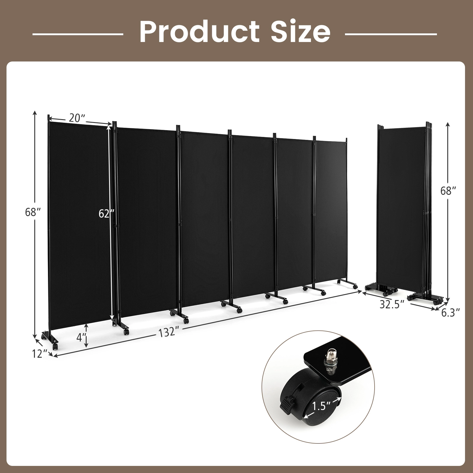 SUGIFT 6-Panel Metal Frame Polyester Panels Rolling Room Divider 132-in x 68-in 1.5-in Wheels 28-lb Black