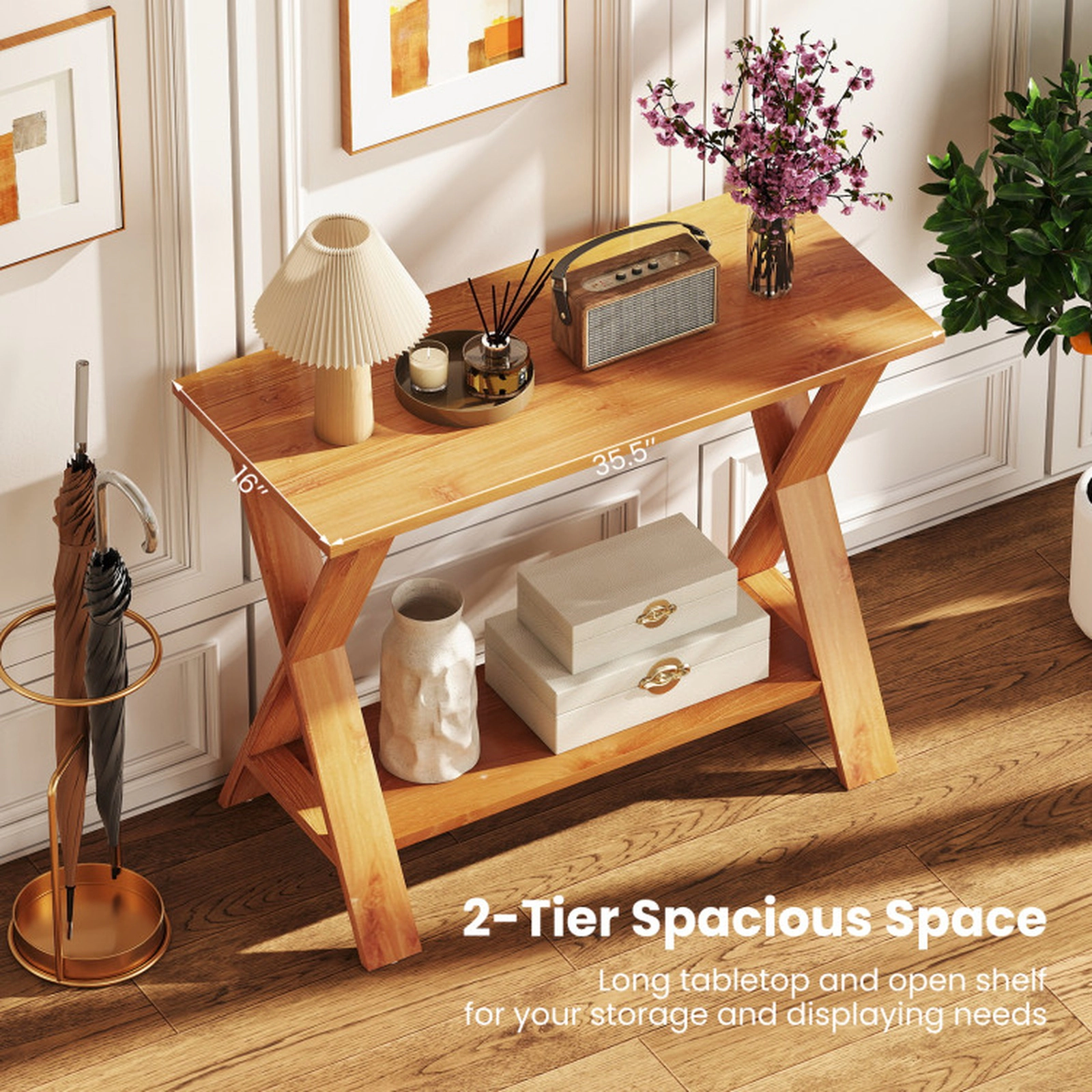SUGIFT 2-Tier Solid Wood X Legs Storage Shelf Console Table 35.5-in x 16-in x 28-in 133-lb Capacity Natural Teak