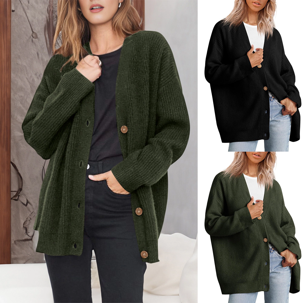 KOJOOIN Women Oversized V Neck Knit Cardigan Ribbed Button Down Sweater Jacket Mid‑Length Loose Outerwear
