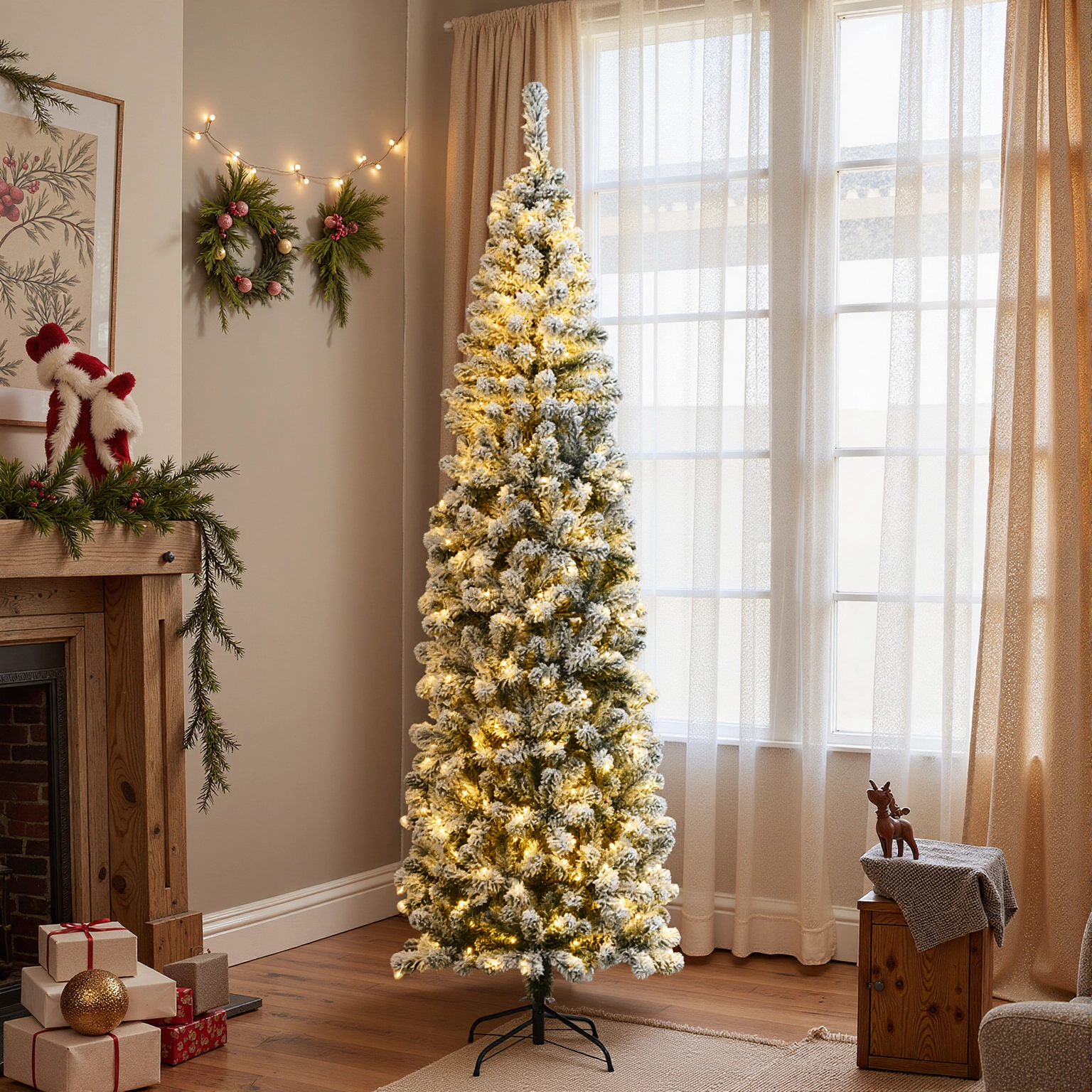 Costway 4.5/6/7.5 Ft Pre-lit Snow Flocked Artificial Pencil Christmas Pine Tree